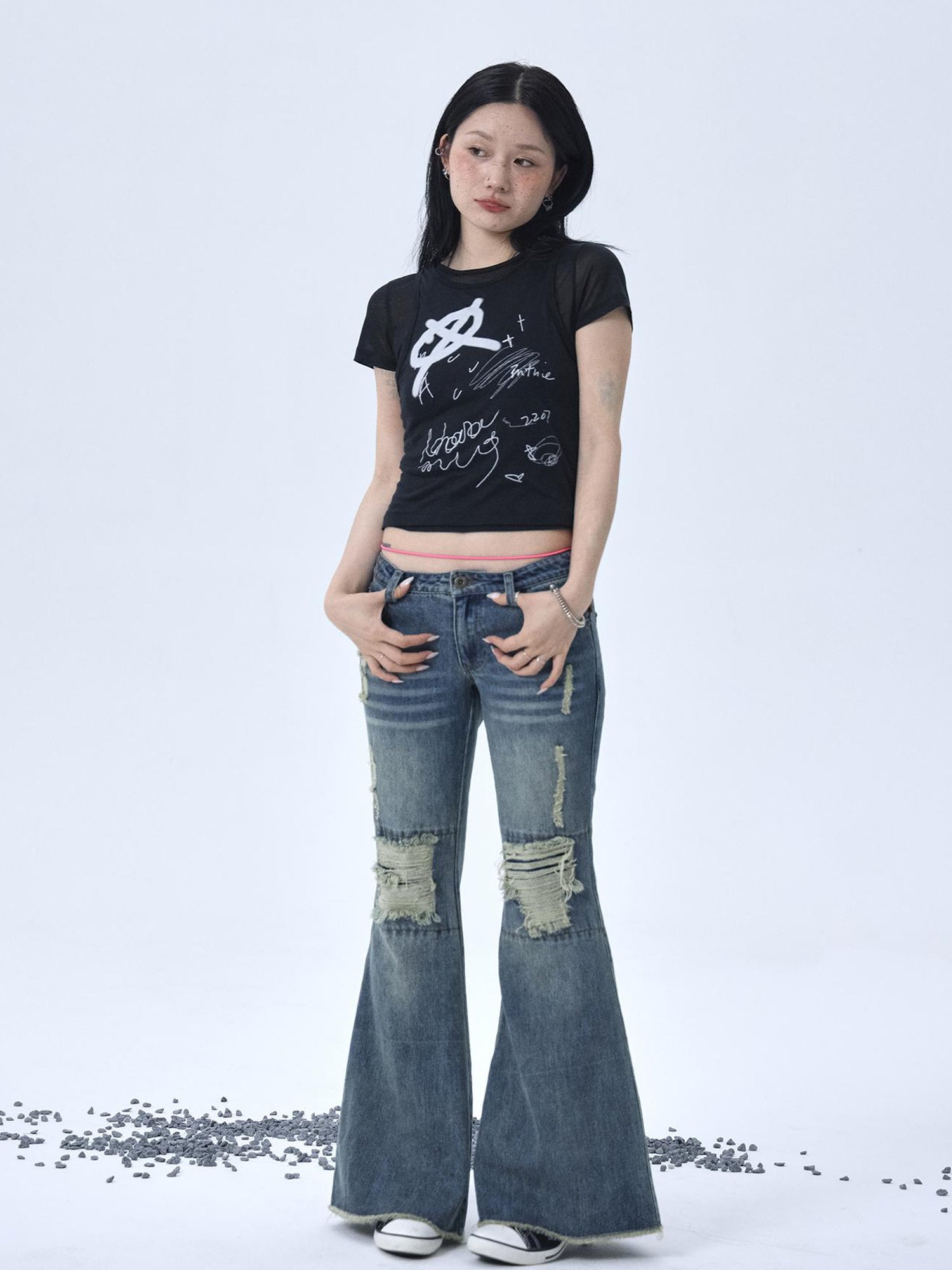 Achihara 1988 Vintage Low Rise Flared Jeans With Distressed Details