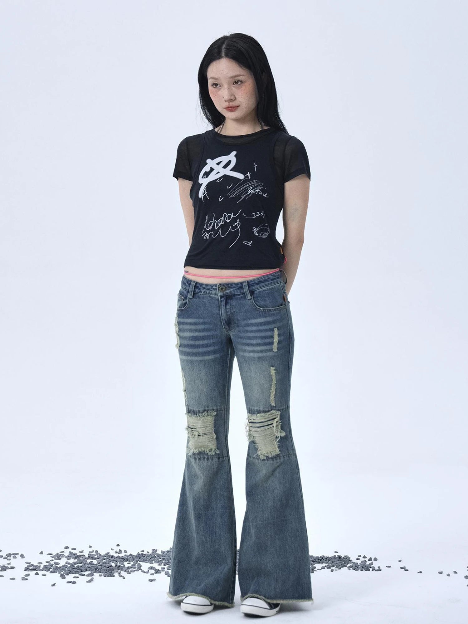 1988 Vintage Low Rise Flared Jeans With Distressed Details