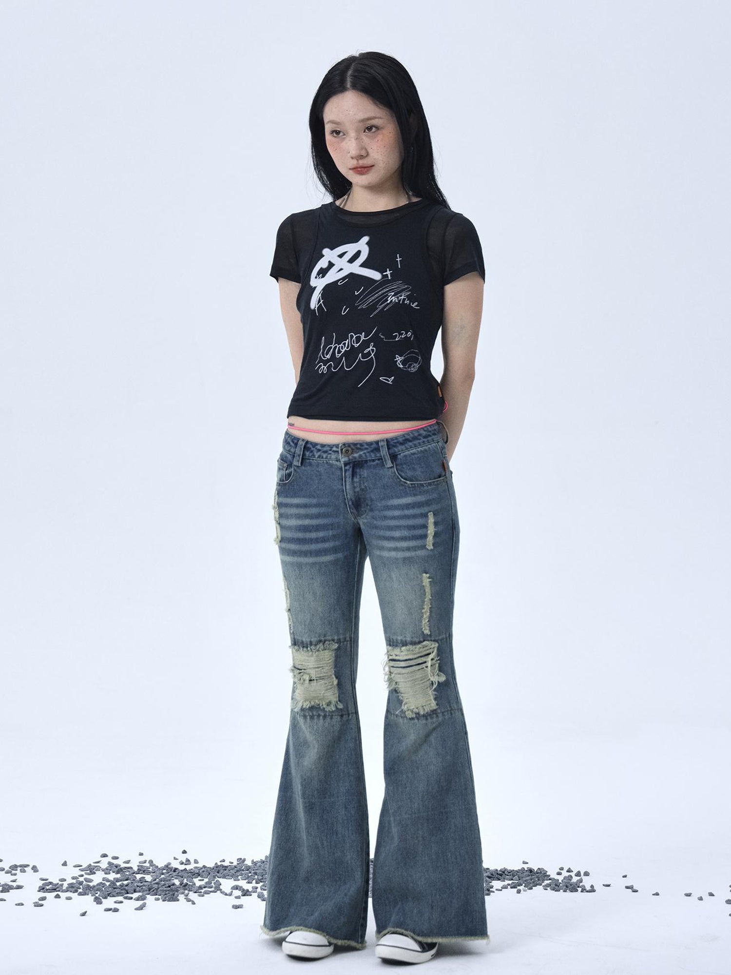 Achihara 1988 Vintage Low Rise Flared Jeans With Distressed Details