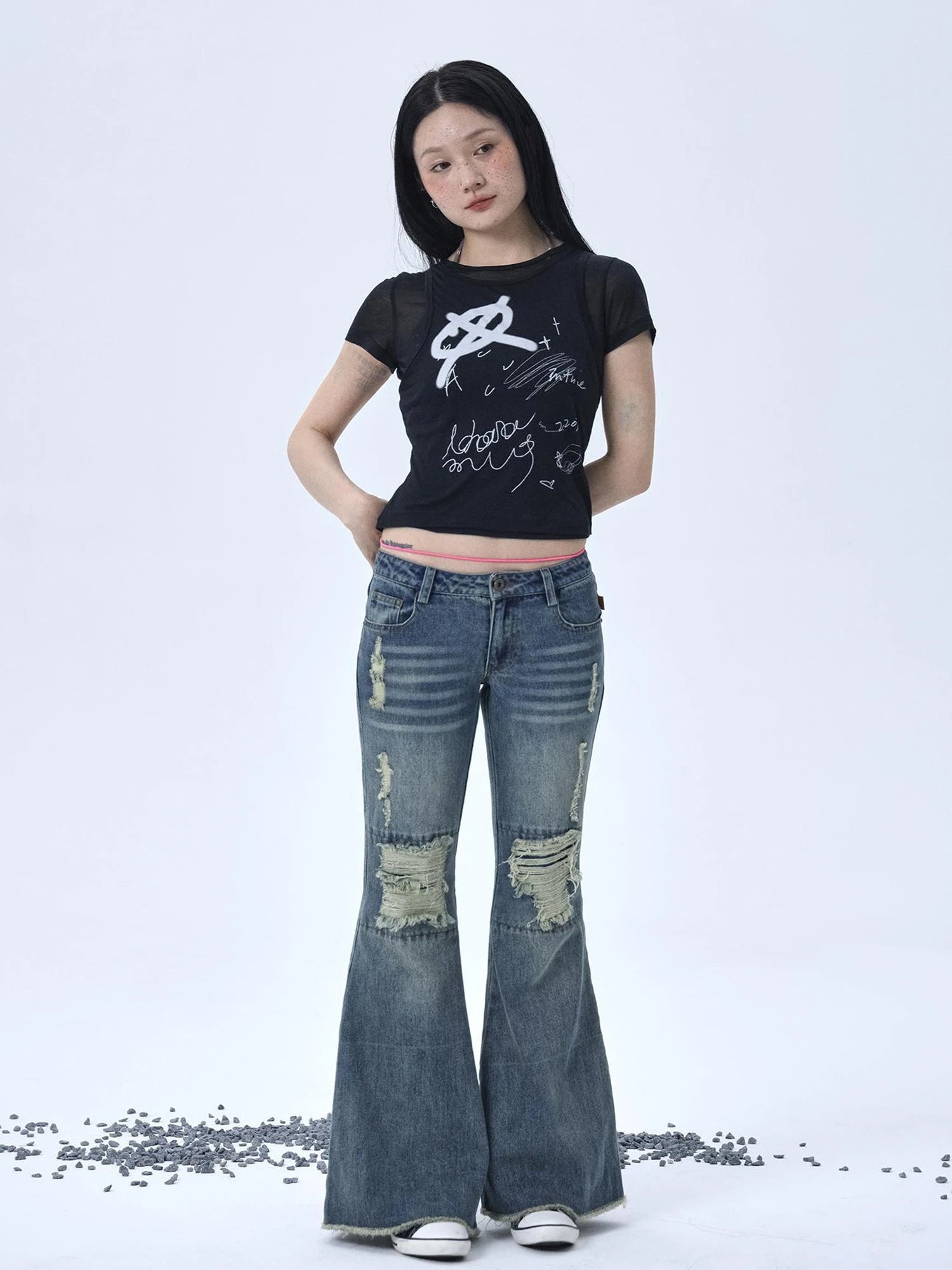 1988 Vintage Low Rise Flared Jeans With Distressed Details