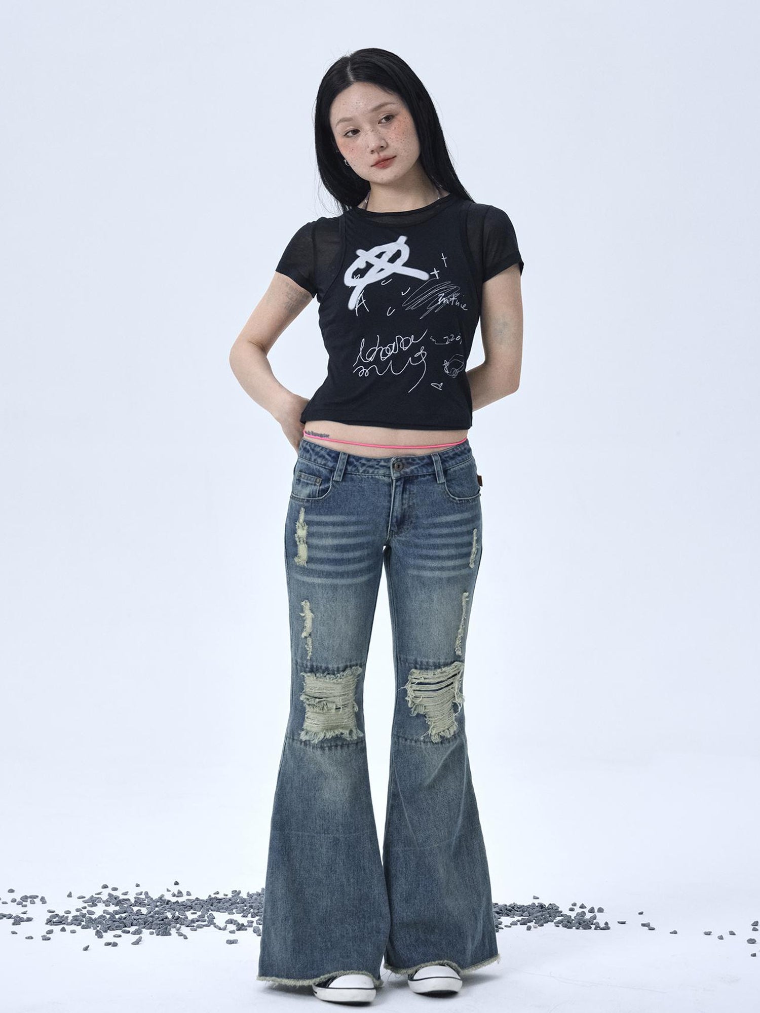 Achihara 1988 Vintage Low Rise Flared Jeans With Distressed Details