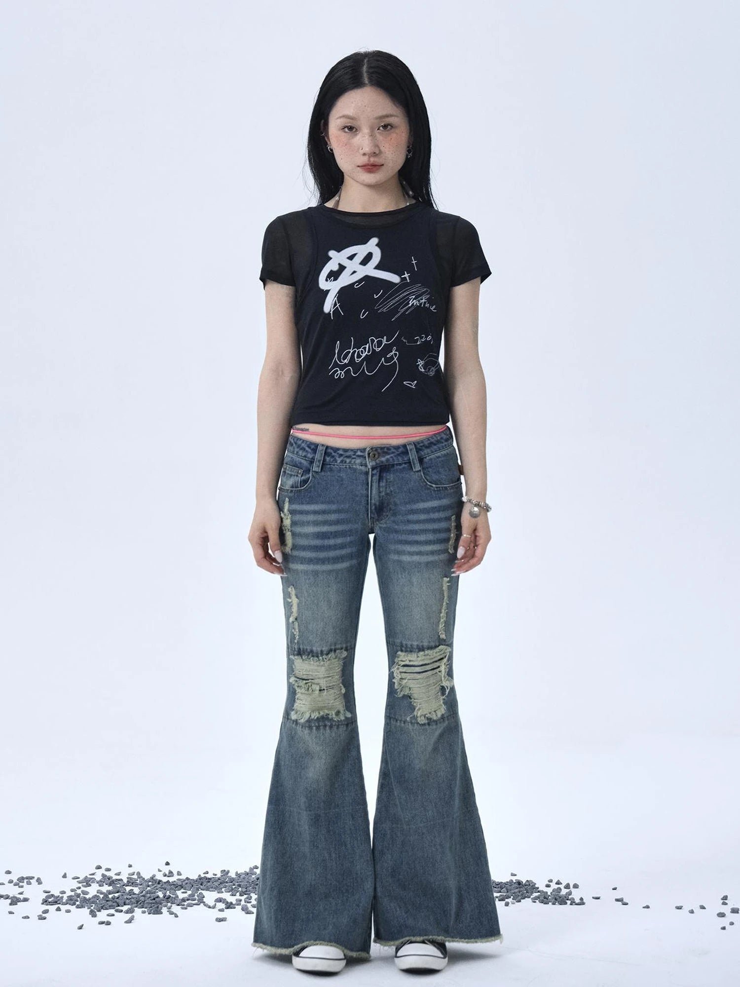 1988 Vintage Low Rise Flared Jeans With Distressed Details