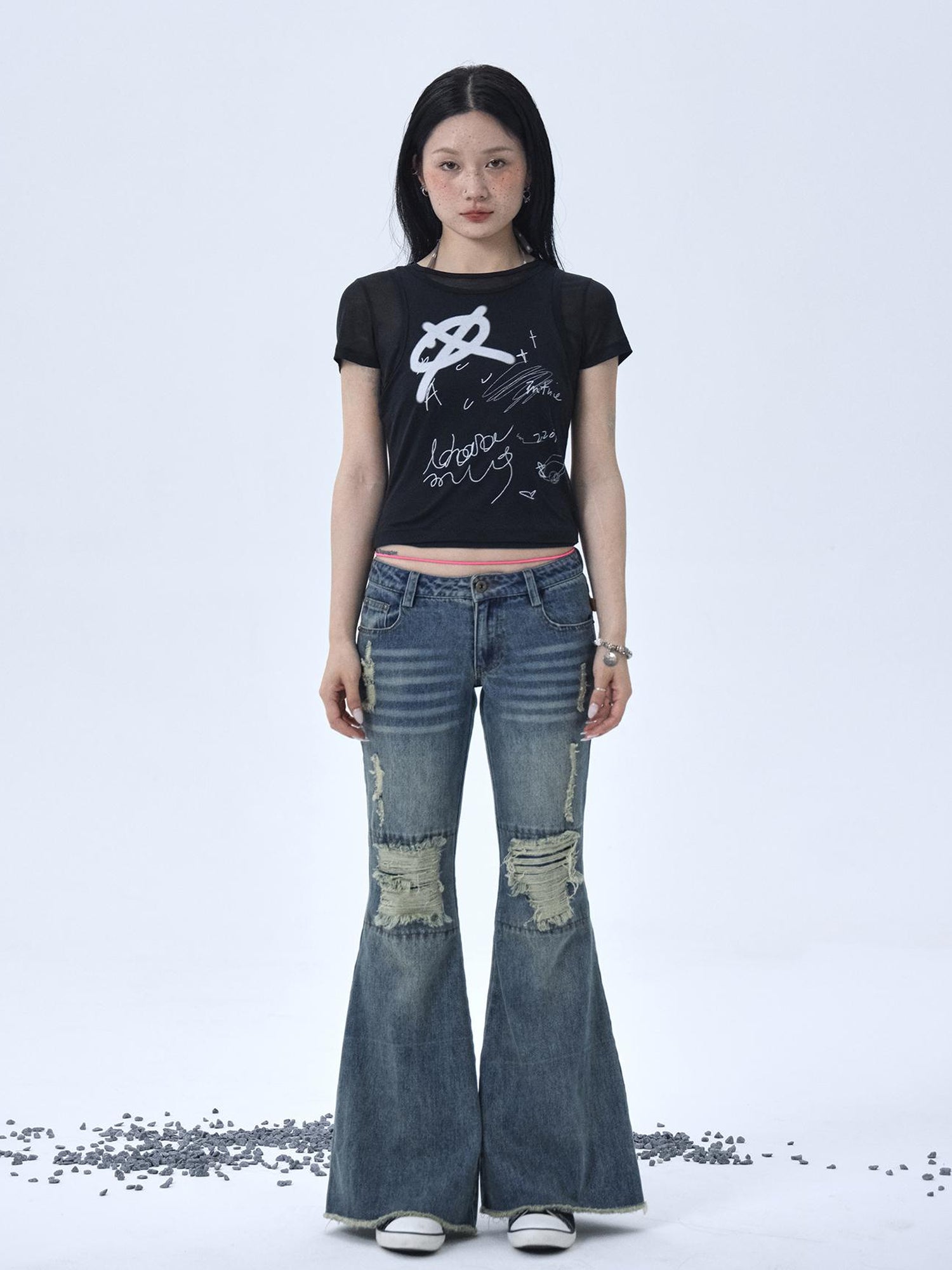Achihara 1988 Vintage Low Rise Flared Jeans With Distressed Details