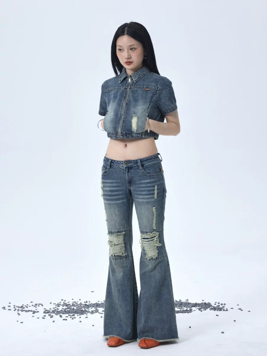 Achihara 1988 Vintage Low Rise Flared Jeans With Distressed Details-2