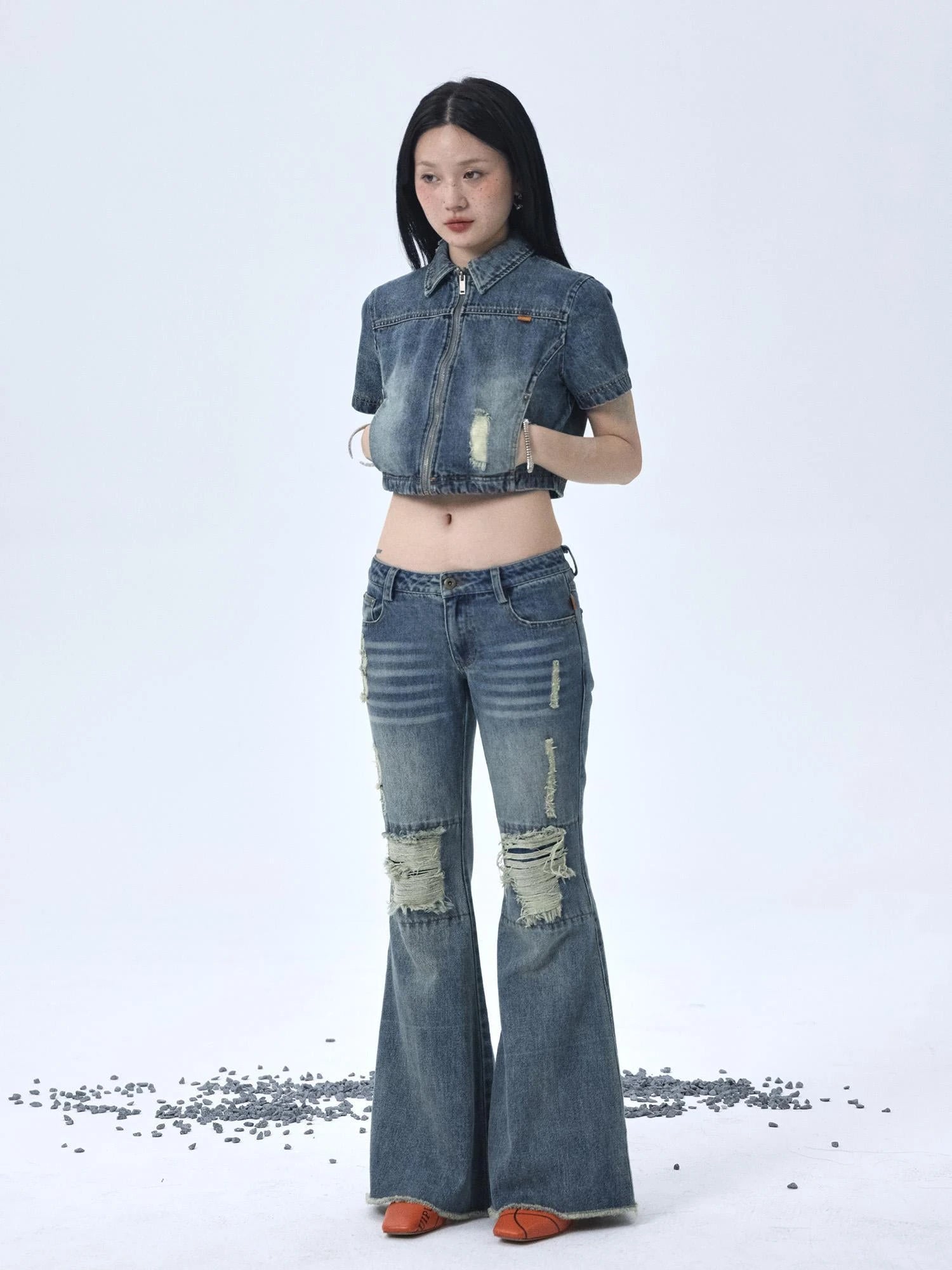1988 Vintage Low Rise Flared Jeans With Distressed Details
