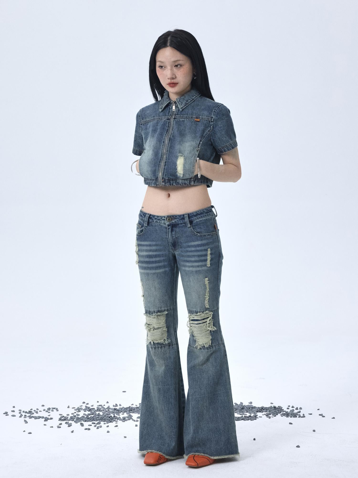 Achihara 1988 Vintage Low Rise Flared Jeans With Distressed Details