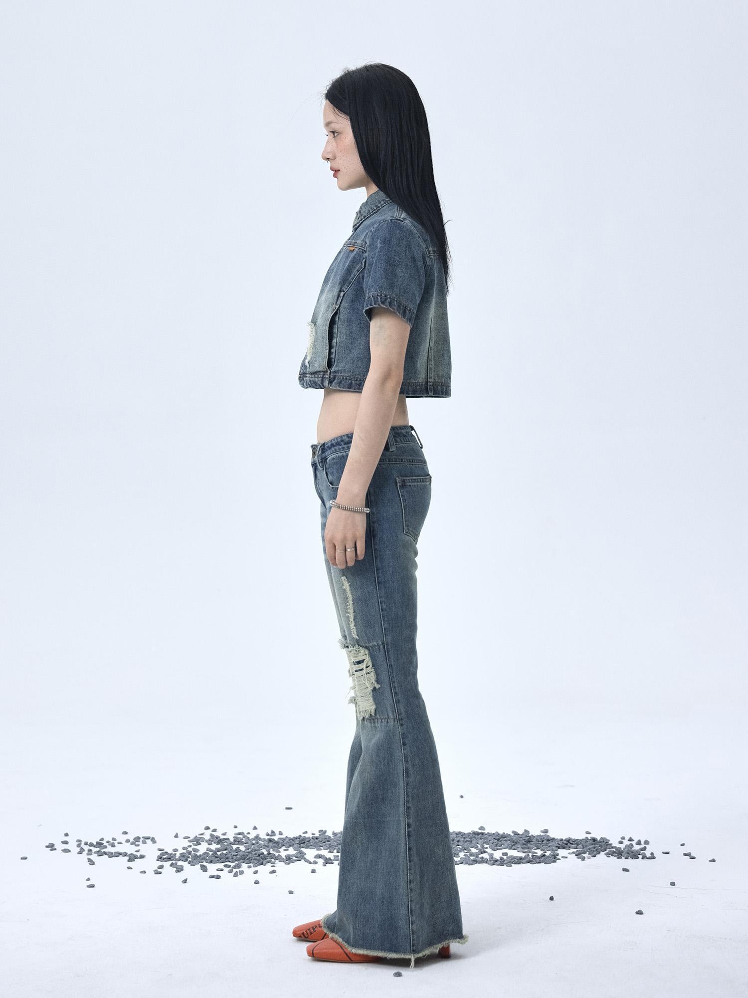 Achihara 1988 Vintage Low Rise Flared Jeans With Distressed Details