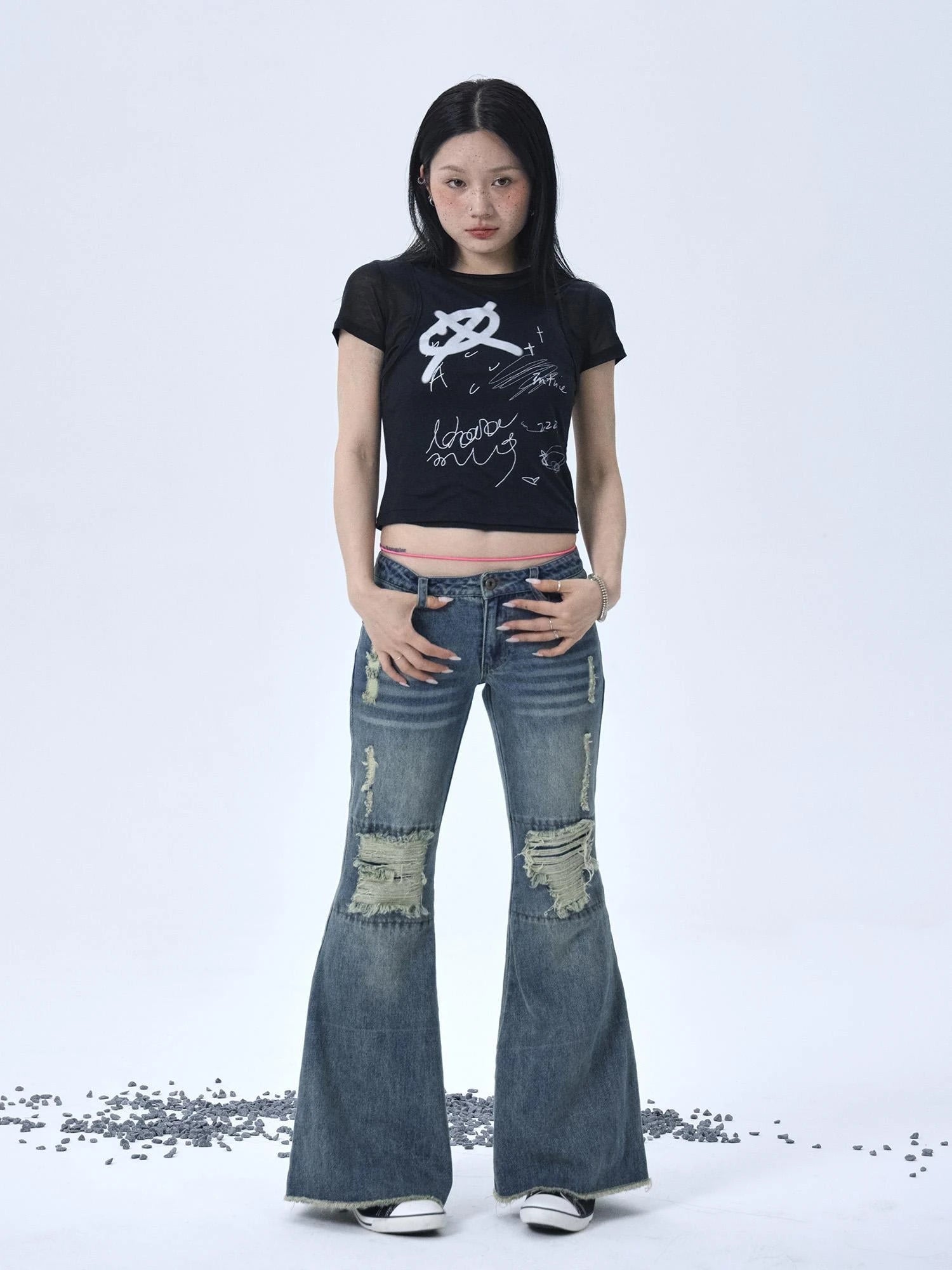 1988 Vintage Low Rise Flared Jeans With Distressed Details