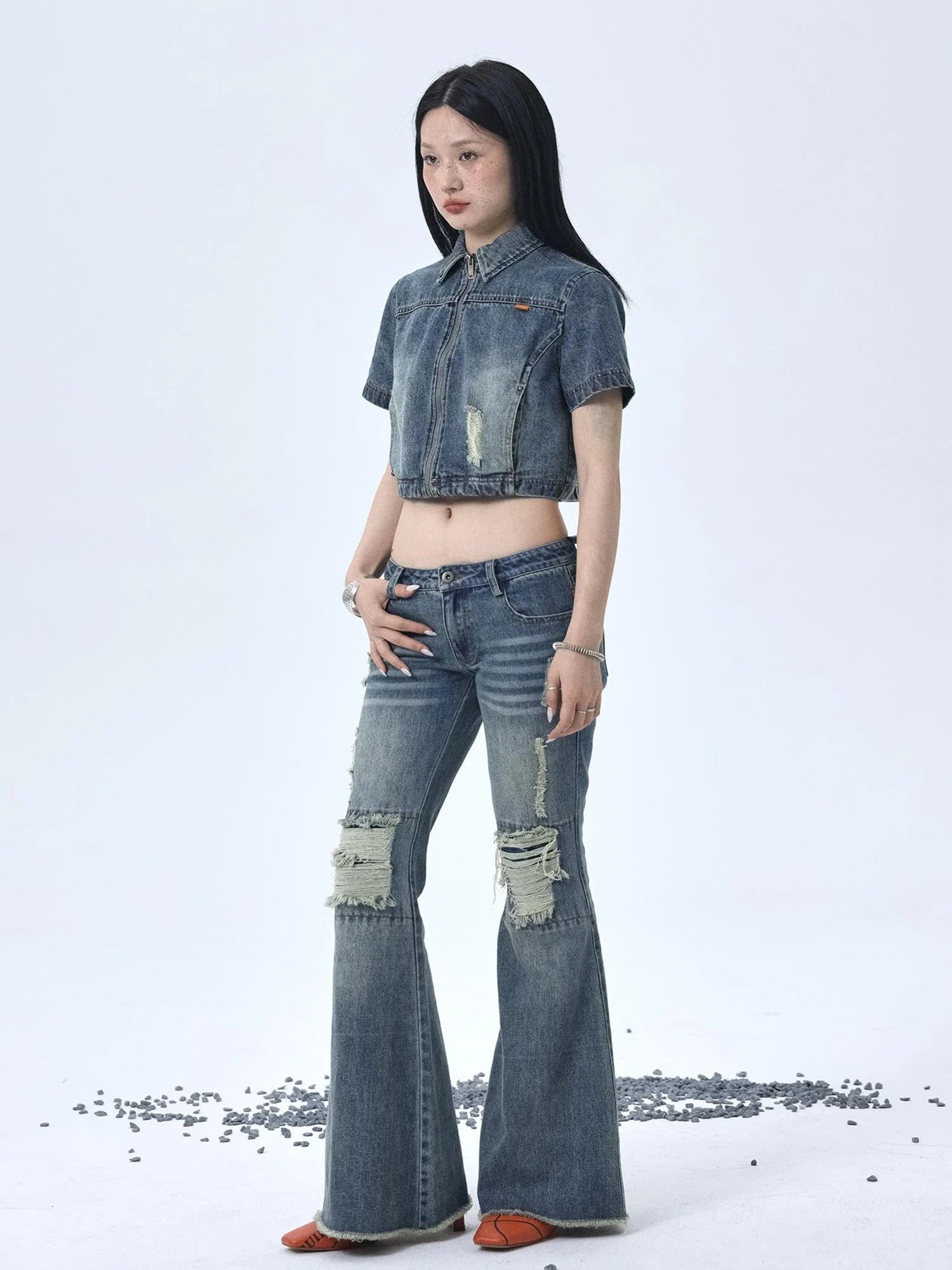 1988 Vintage Low Rise Flared Jeans With Distressed Details