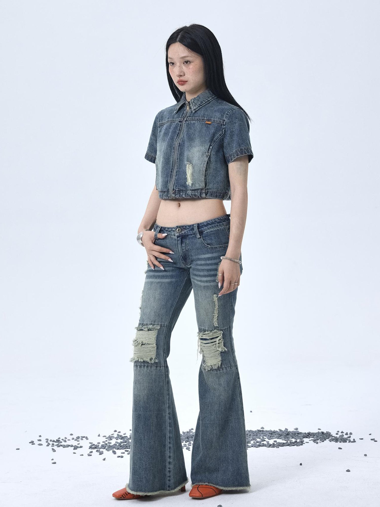 Achihara 1988 Vintage Low Rise Flared Jeans With Distressed Details