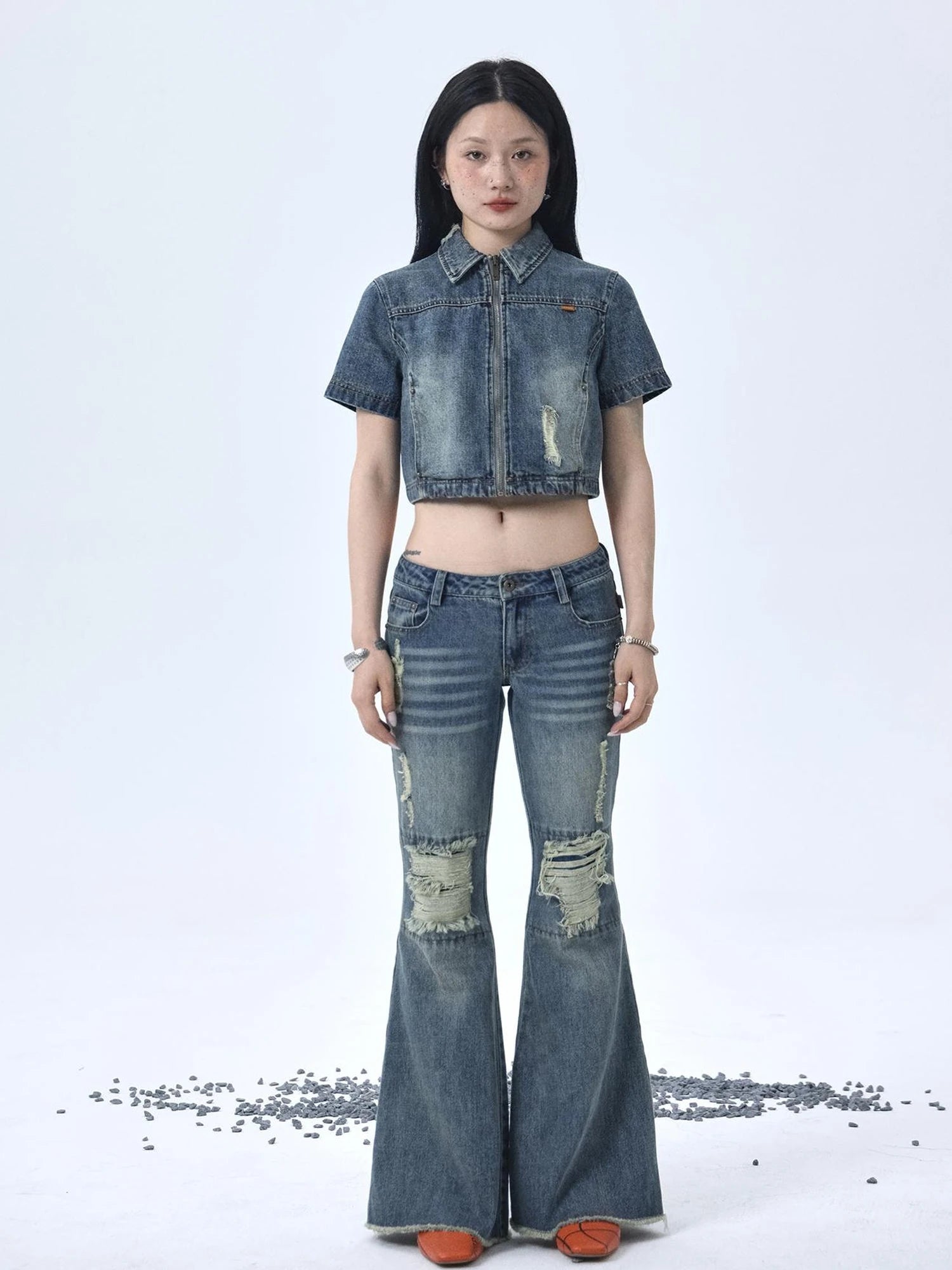 1988 Vintage Low Rise Flared Jeans With Distressed Details