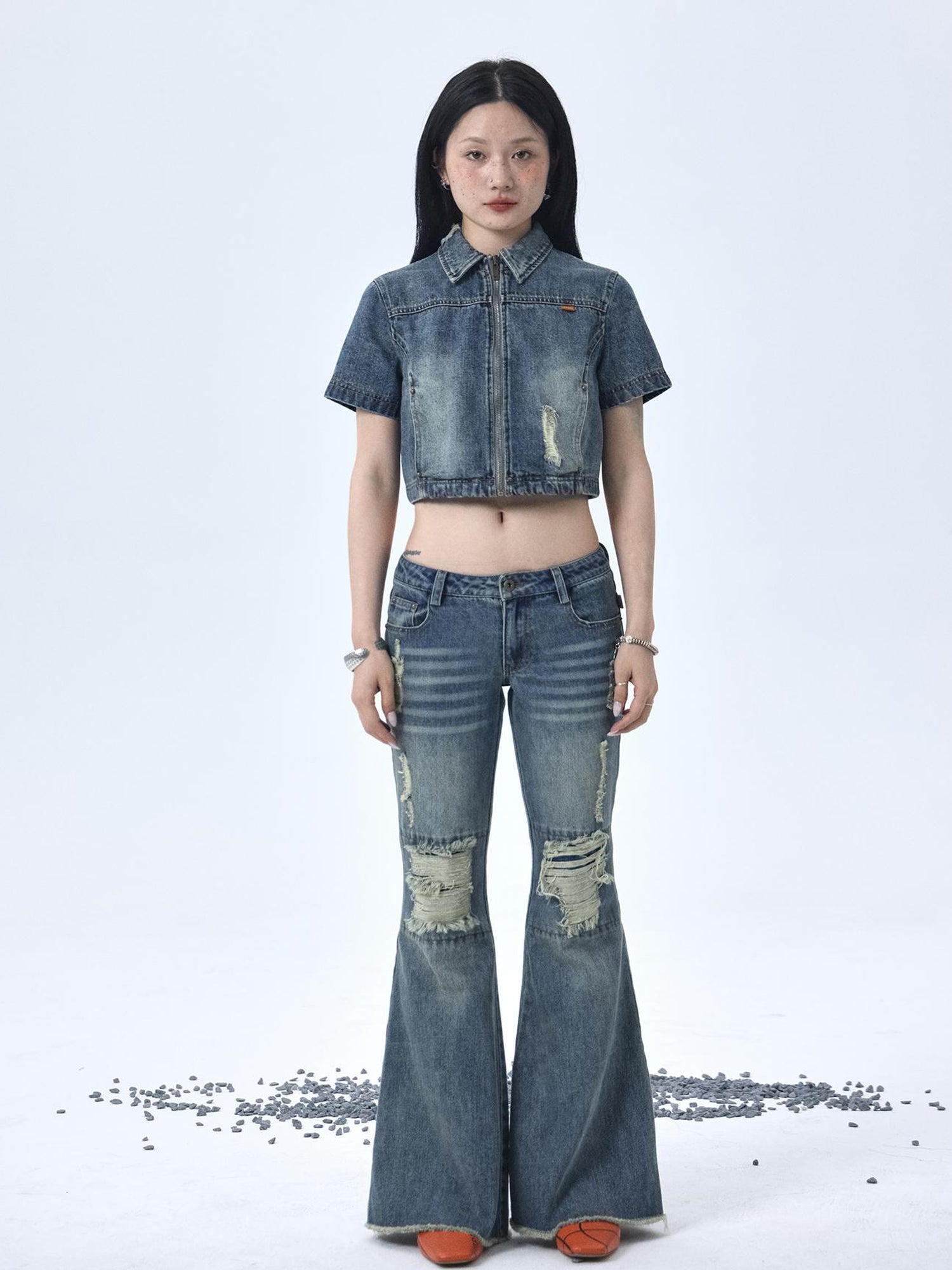Achihara 1988 Vintage Low Rise Flared Jeans With Distressed Details