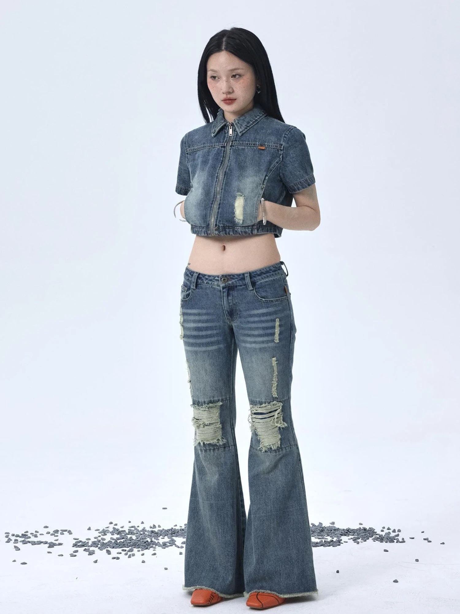 1988 Vintage Low Rise Flared Jeans With Distressed Details