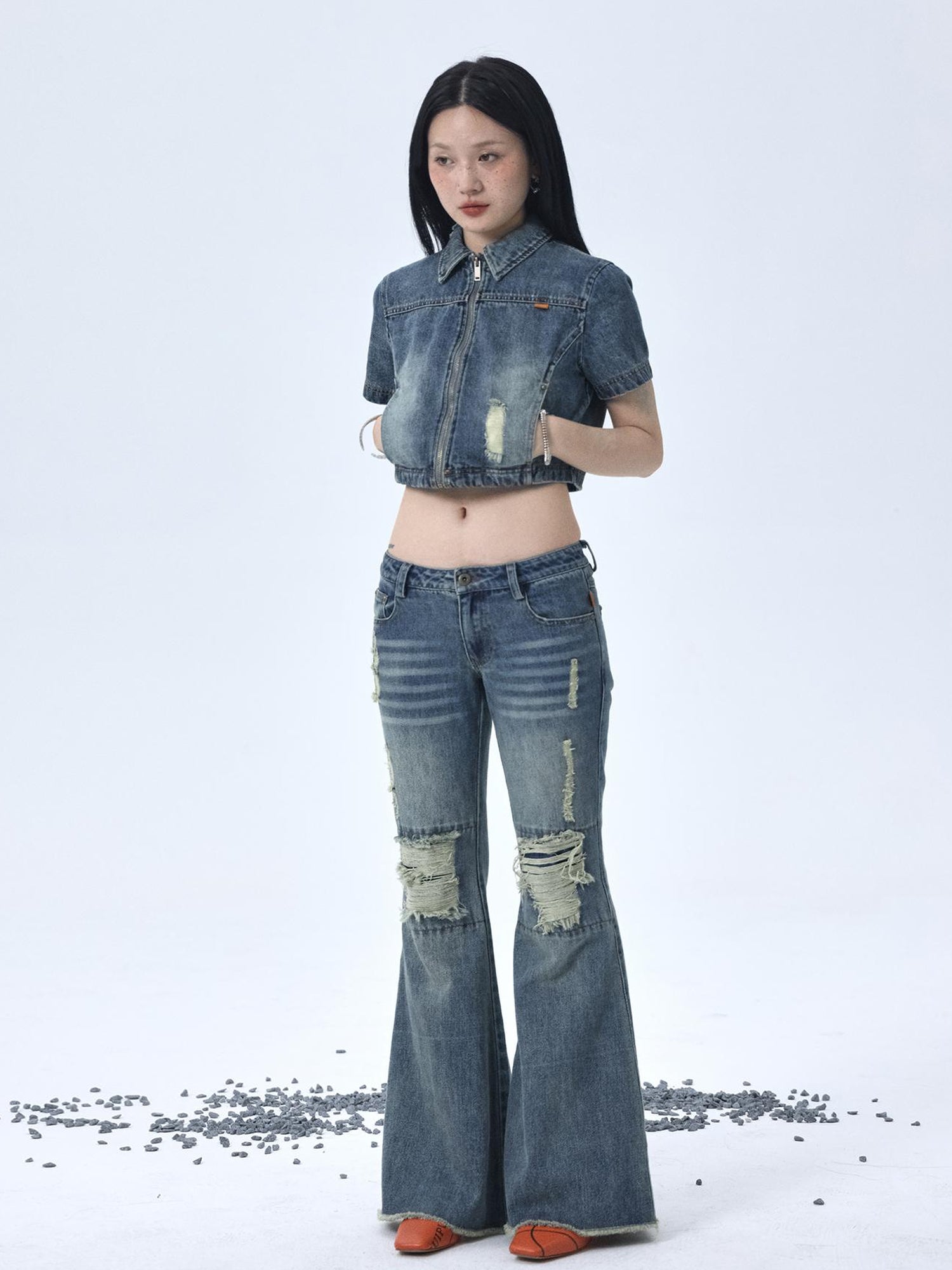 Achihara 1988 Vintage Low Rise Flared Jeans With Distressed Details