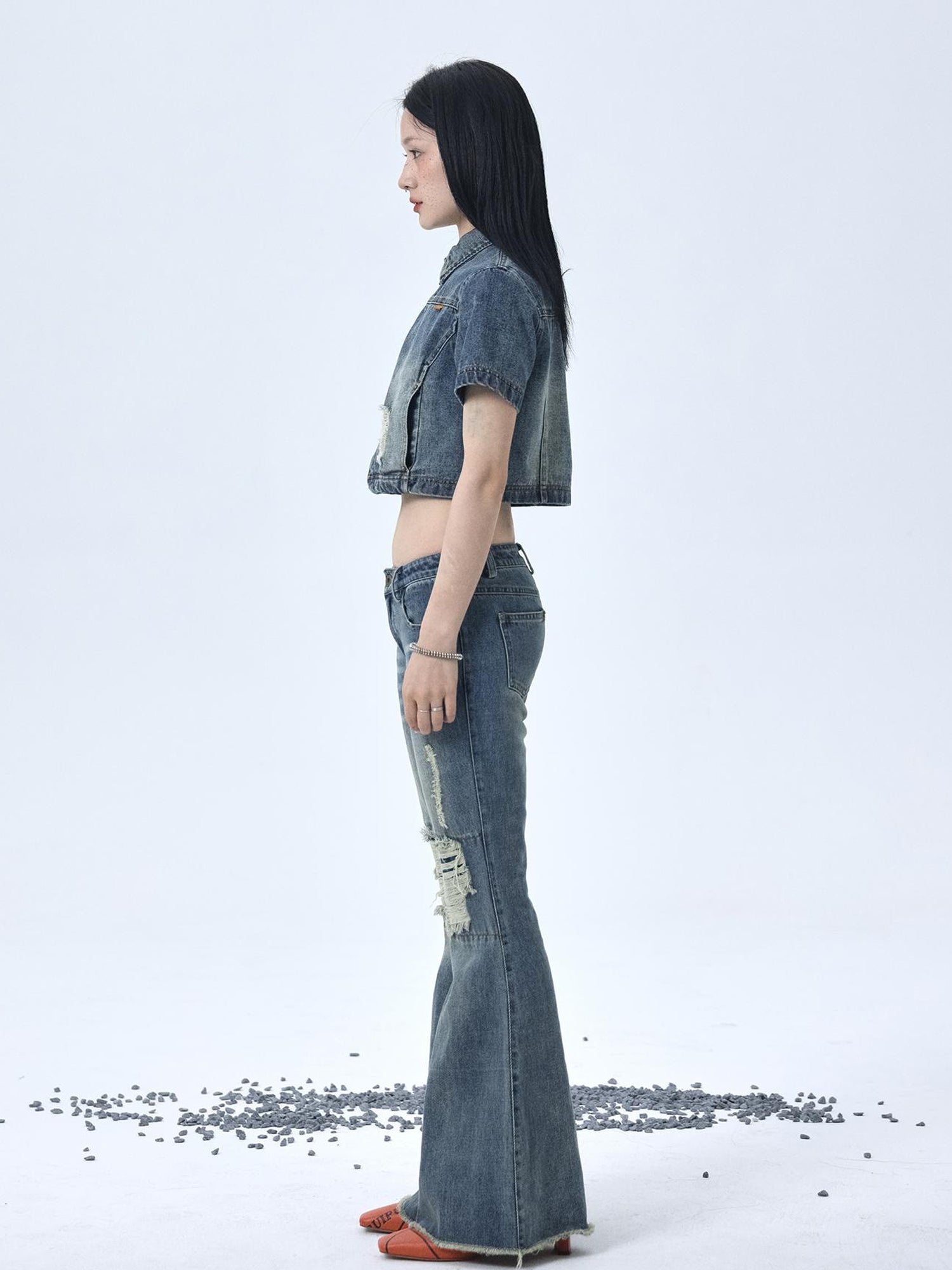 Achihara 1988 Vintage Low Rise Flared Jeans With Distressed Details