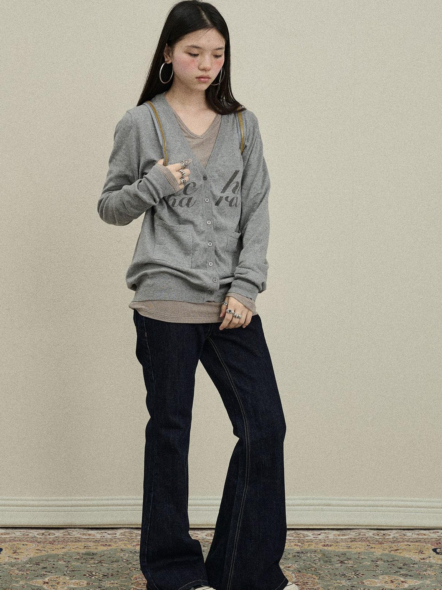 Update Achihara Achihara 2025 Knit Cardigan With Print V-Neck T-Shirt Long-Sleeve