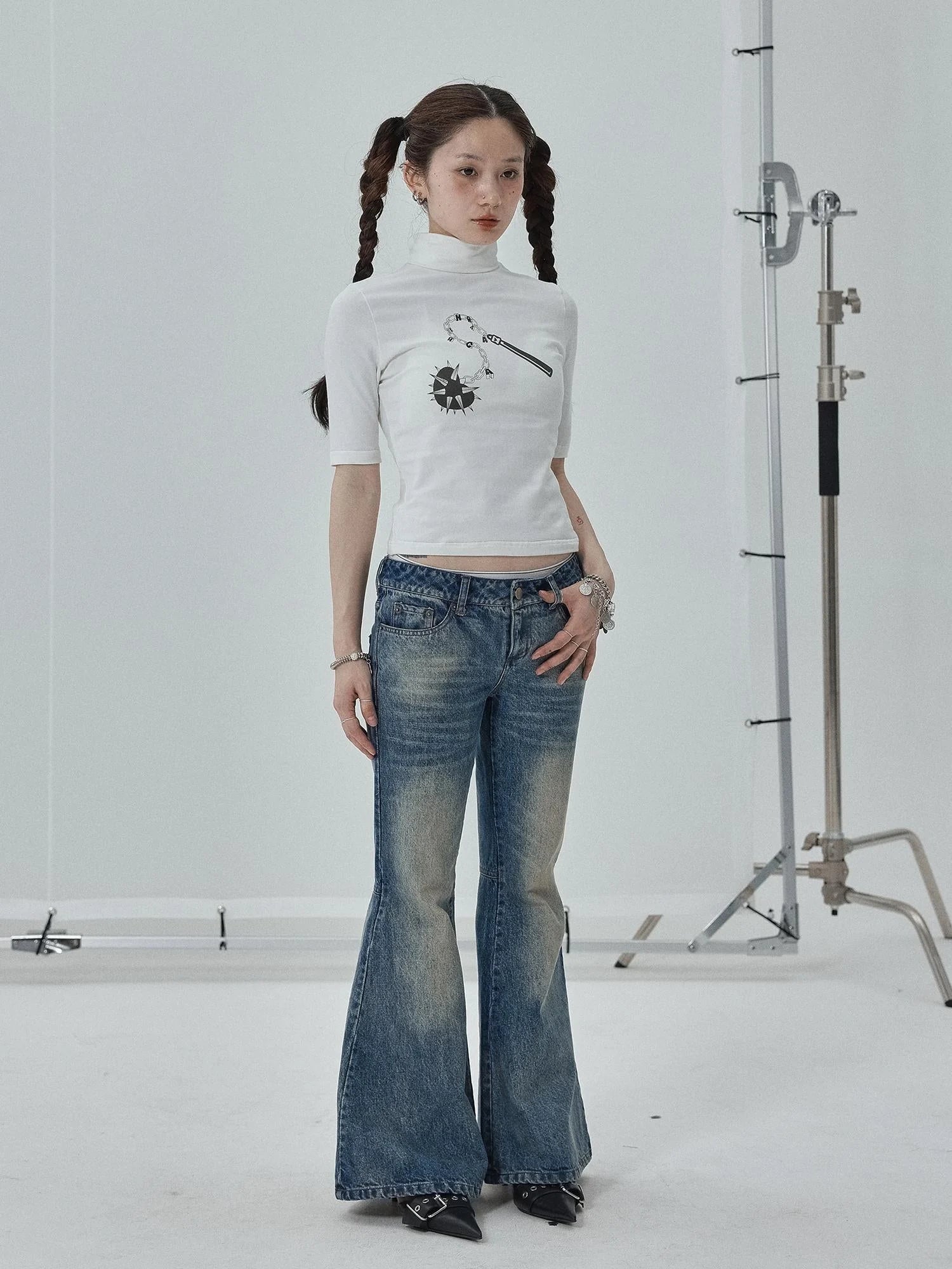Achihara Low Rise Flared Wide Leg Jeans