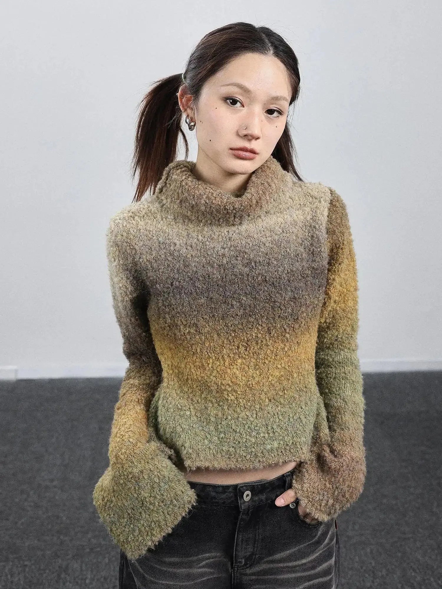 Autumn Gradient Wool High-Neck Knit Sweater