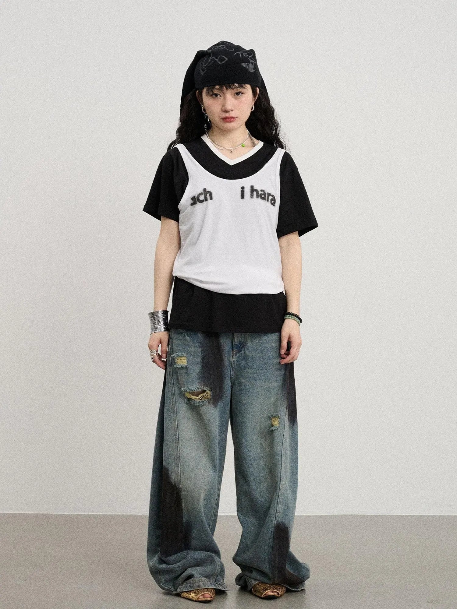 Banana-Cut Wide Leg Denim Pants