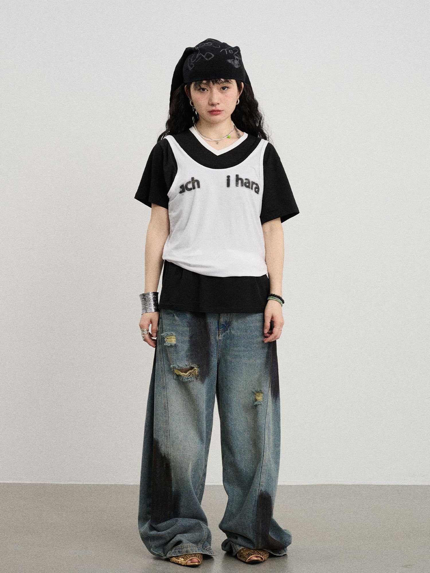 Achihara Banana-Cut Wide Leg Denim Pants