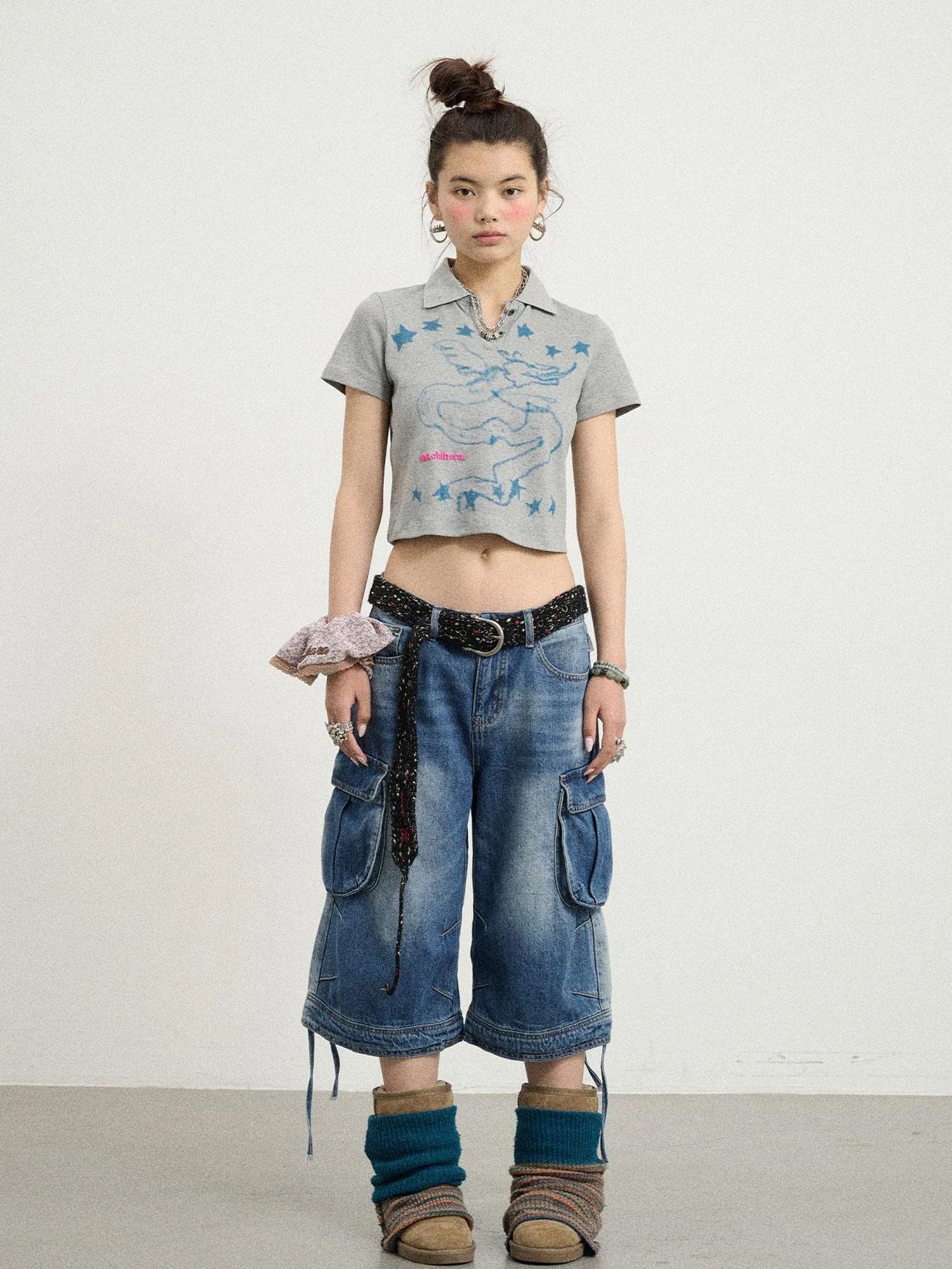 Beach Washed Relaxed Cargo Denim Shorts