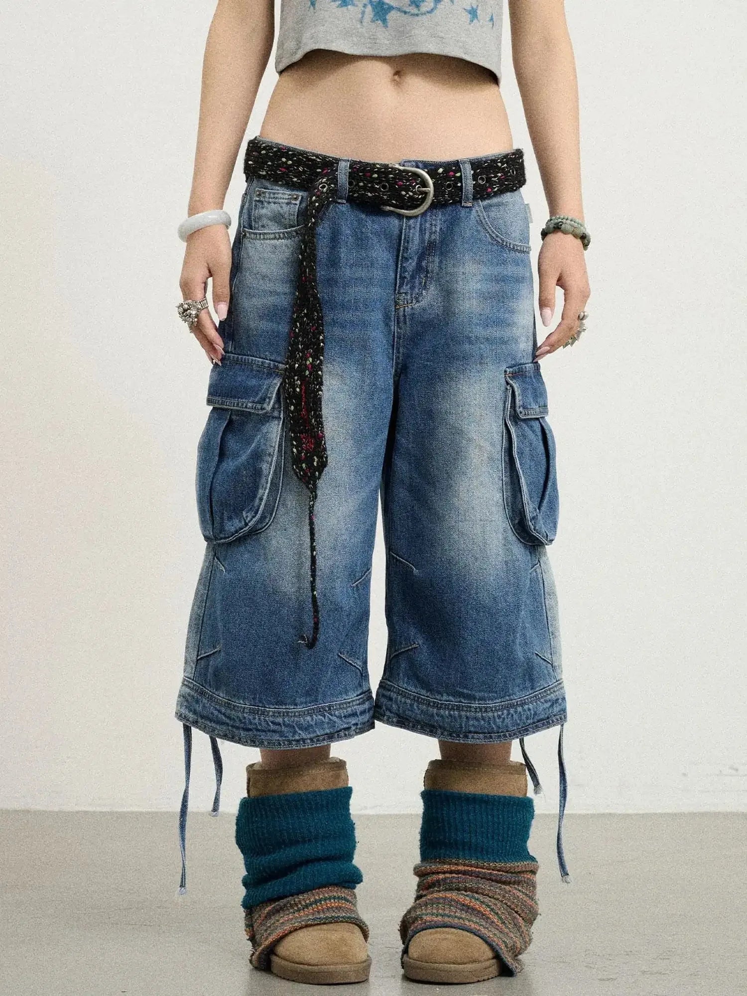 Beach Washed Relaxed Cargo Denim Shorts