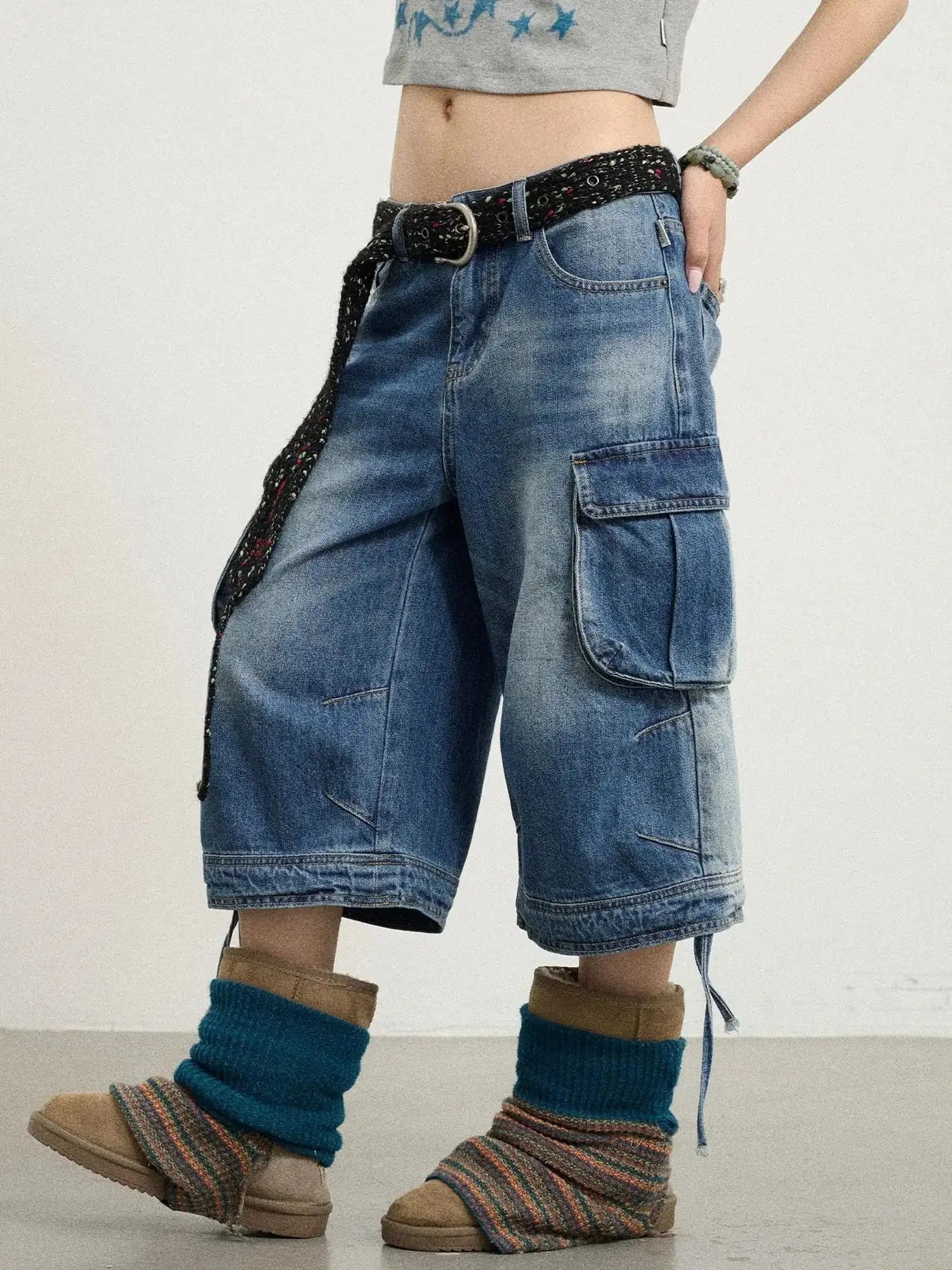 Beach Washed Relaxed Cargo Denim Shorts