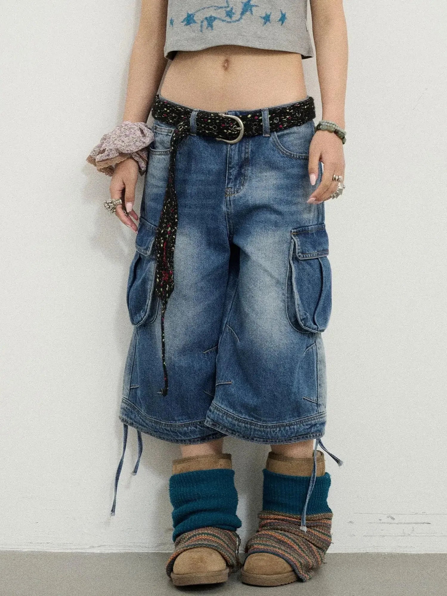 Beach Washed Relaxed Cargo Denim Shorts