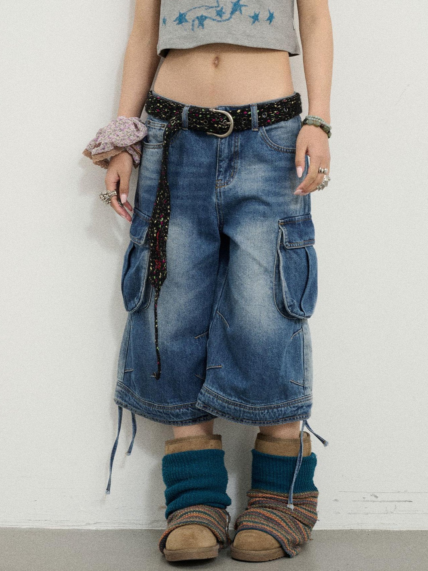 Achihara Beach Washed Relaxed Cargo Denim Shorts