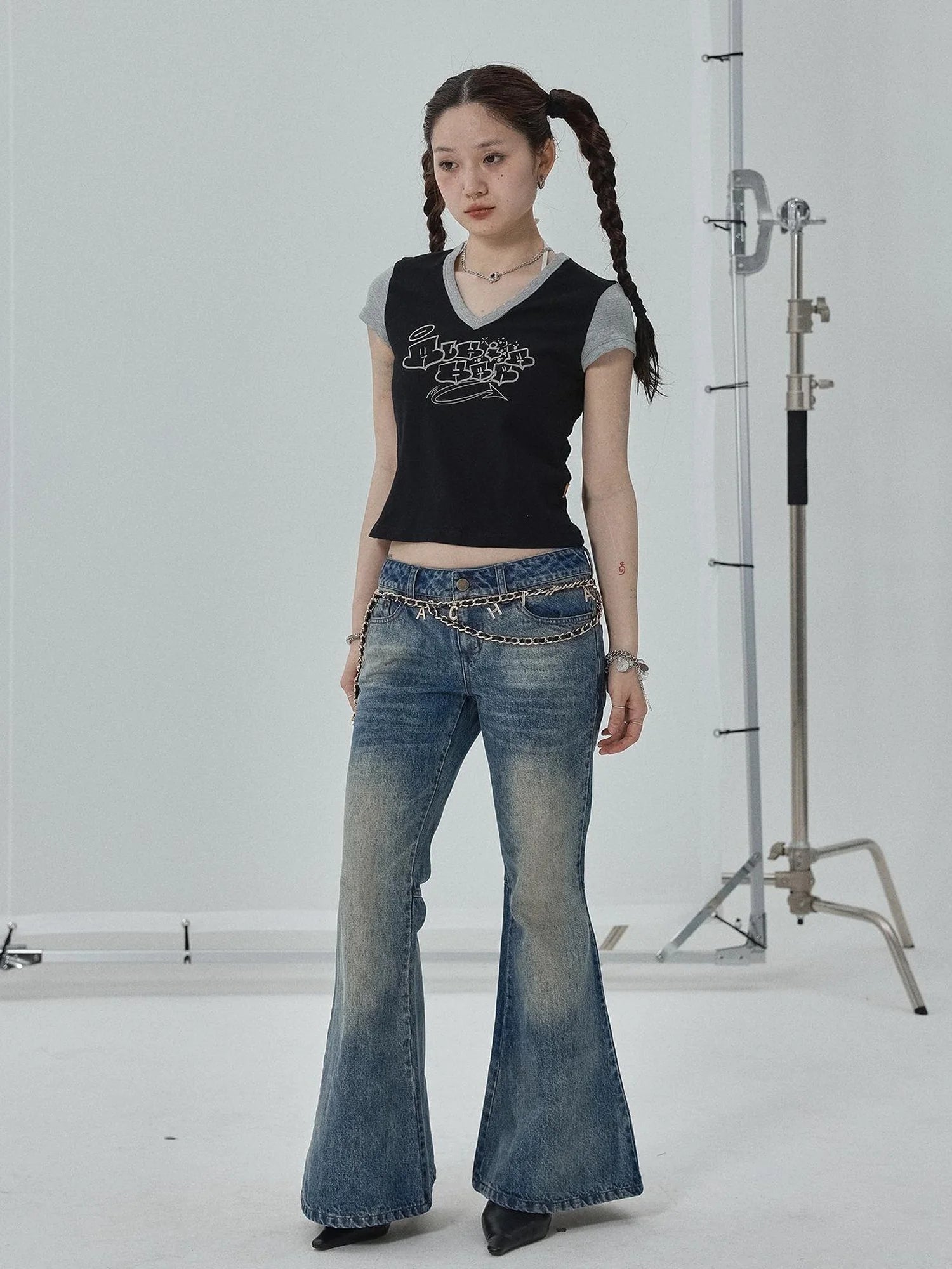 Black Contrast Collar Cropped Tee