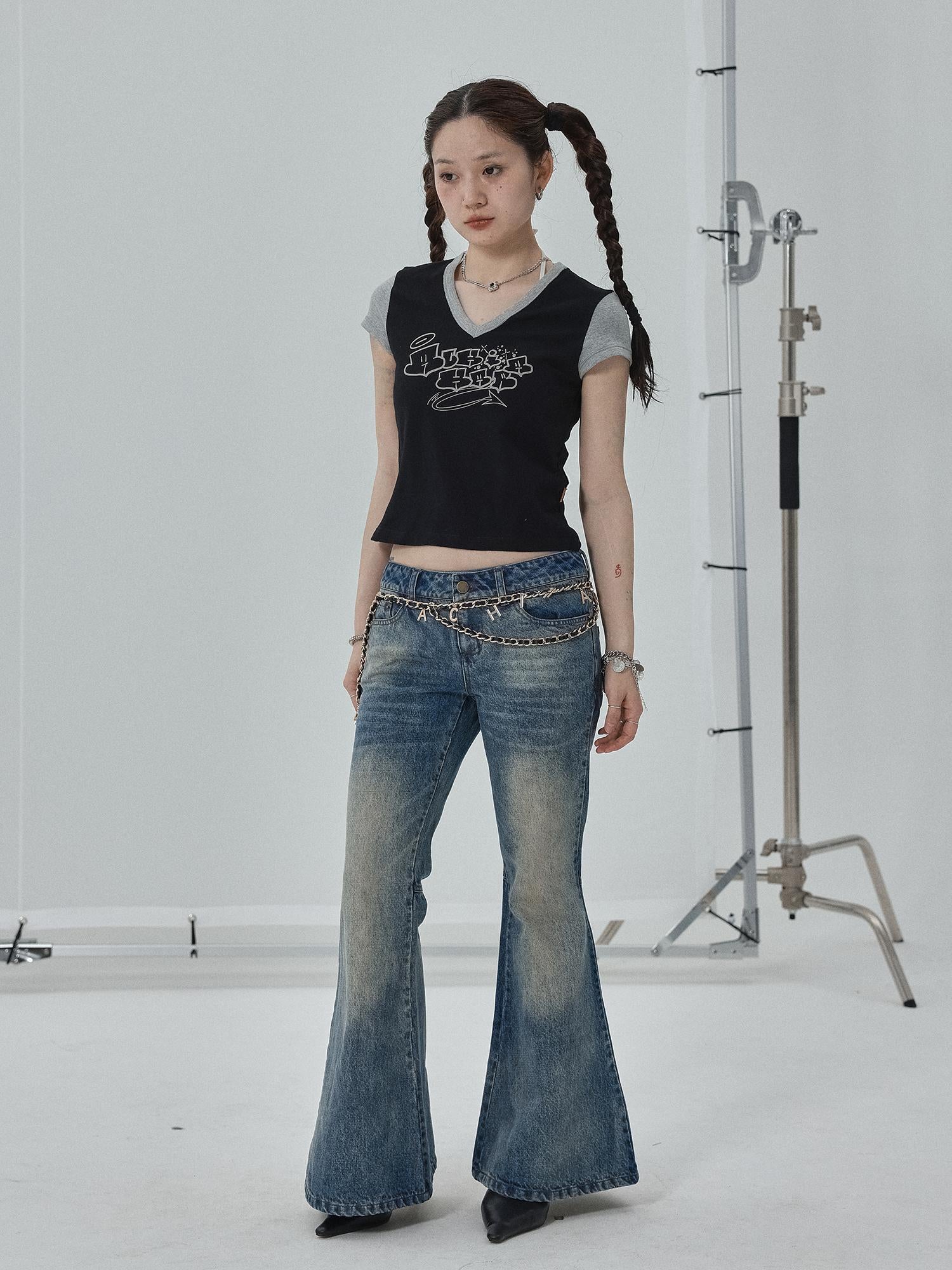 Achihara Black Contrast Collar Cropped Tee