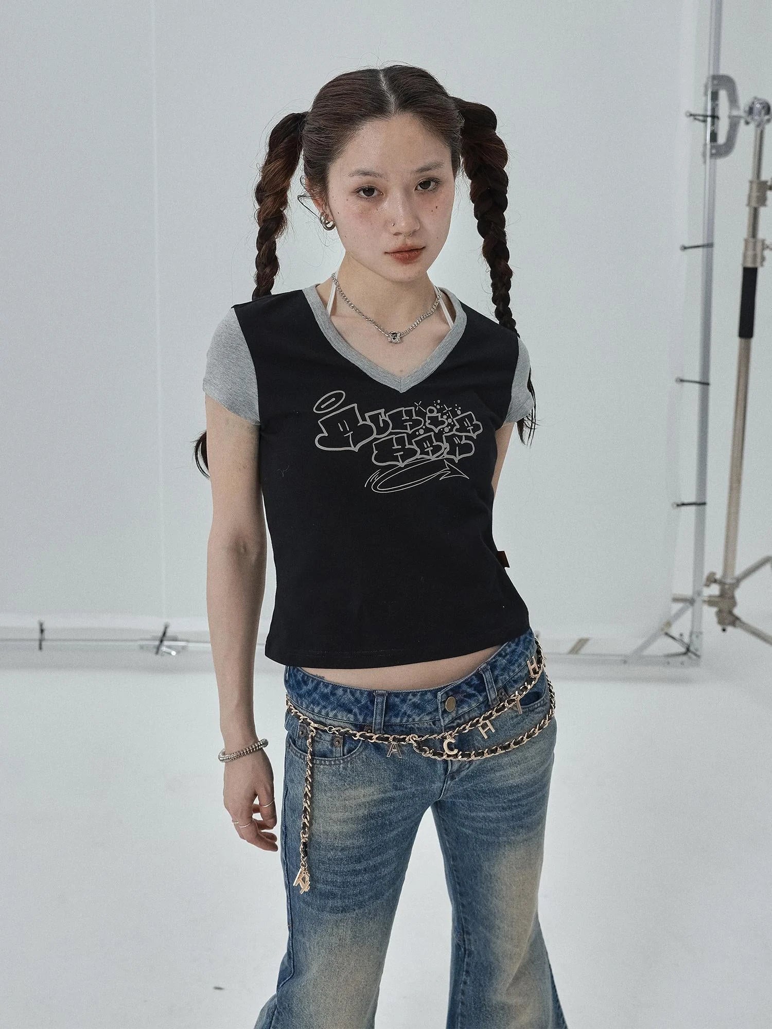 Black Contrast Collar Cropped Tee