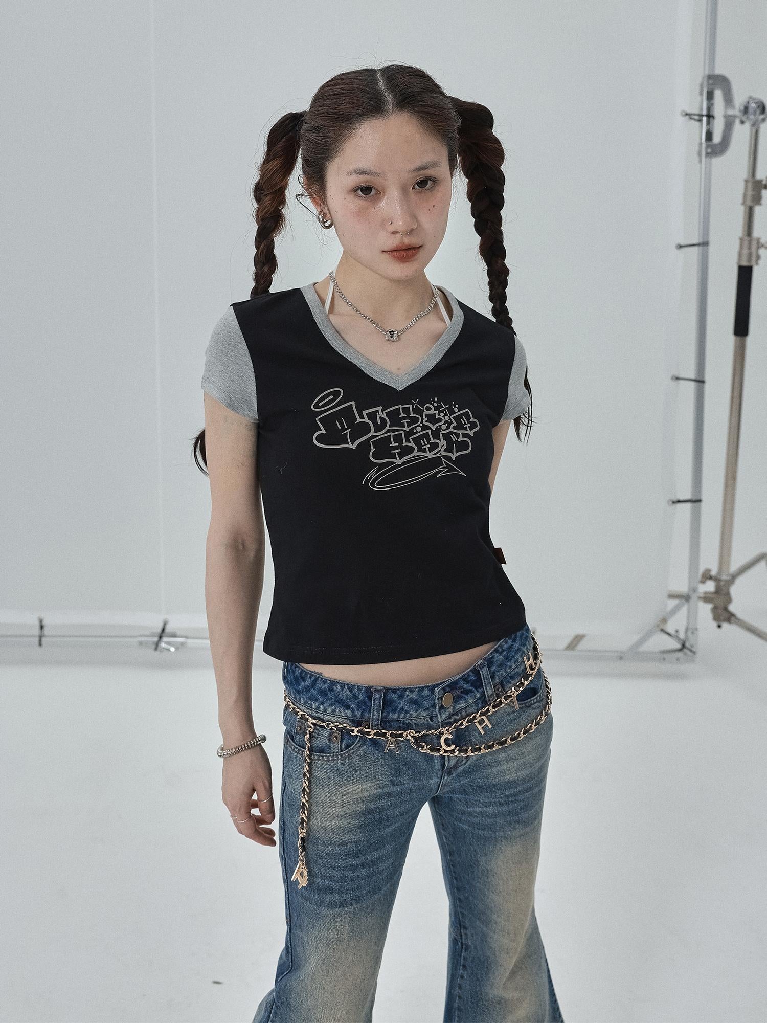 Achihara Black Contrast Collar Cropped Tee