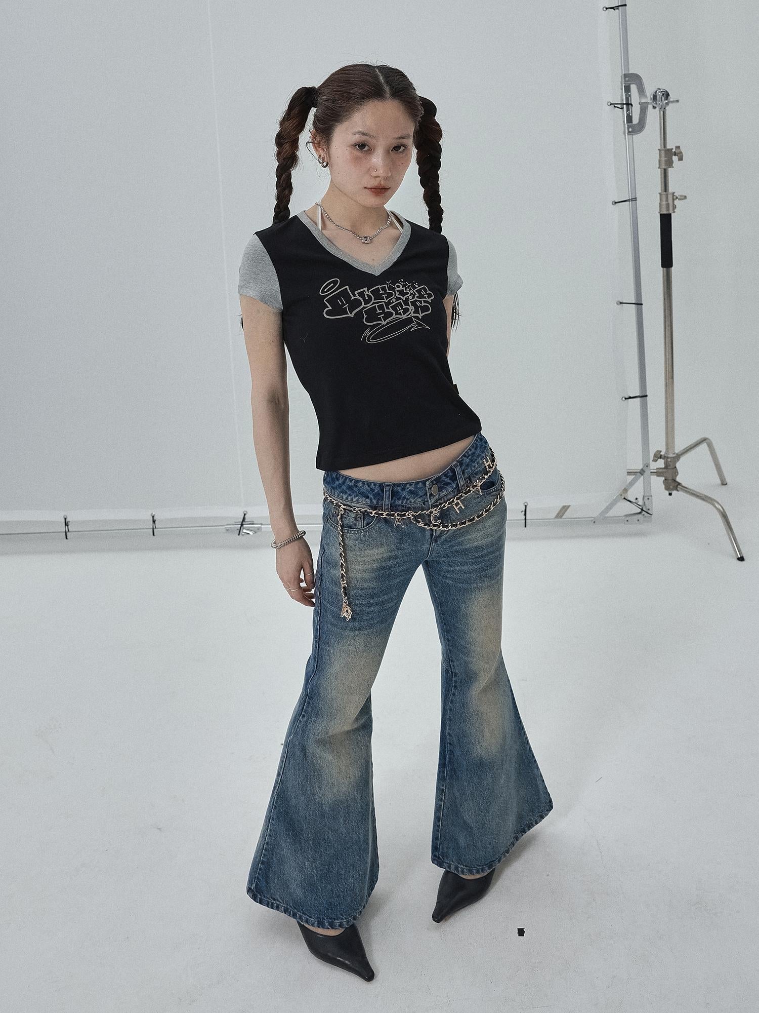 Achihara Black Contrast Collar Cropped Tee