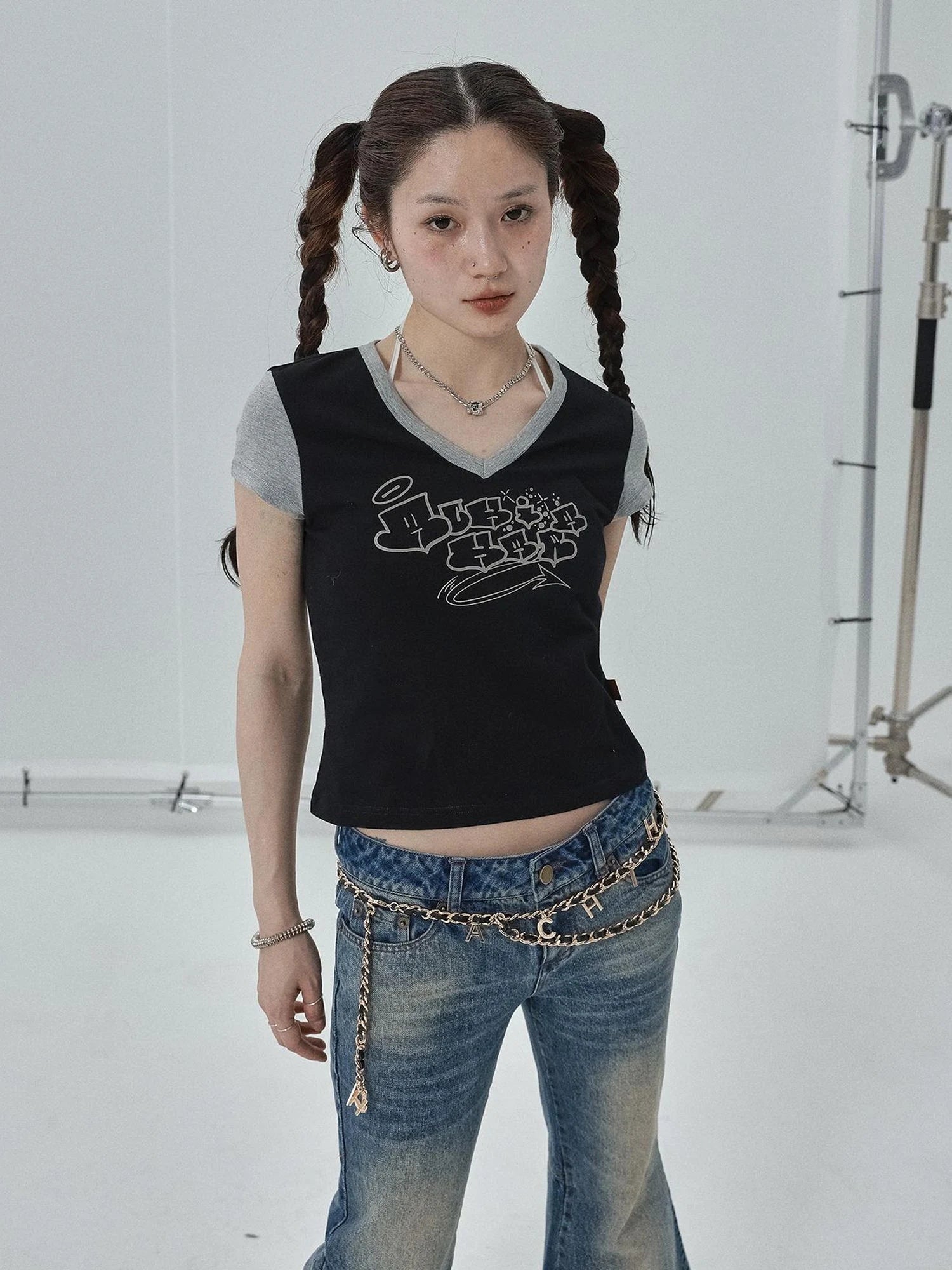 Black Contrast Collar Cropped Tee