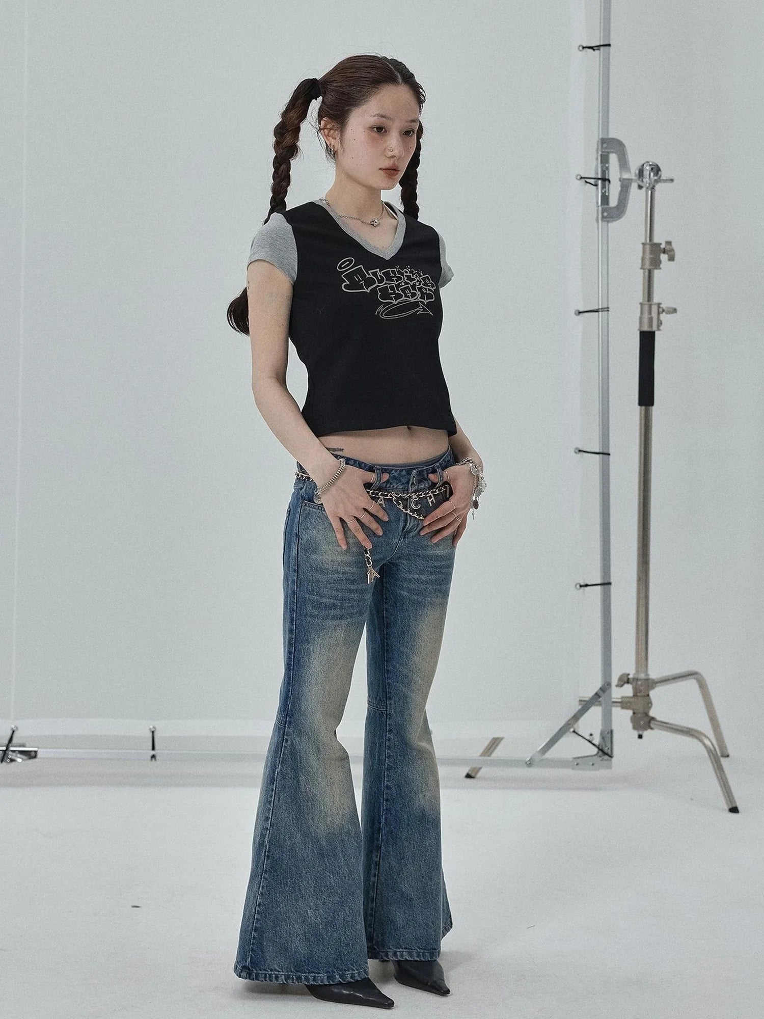 Black Contrast Collar Cropped Tee