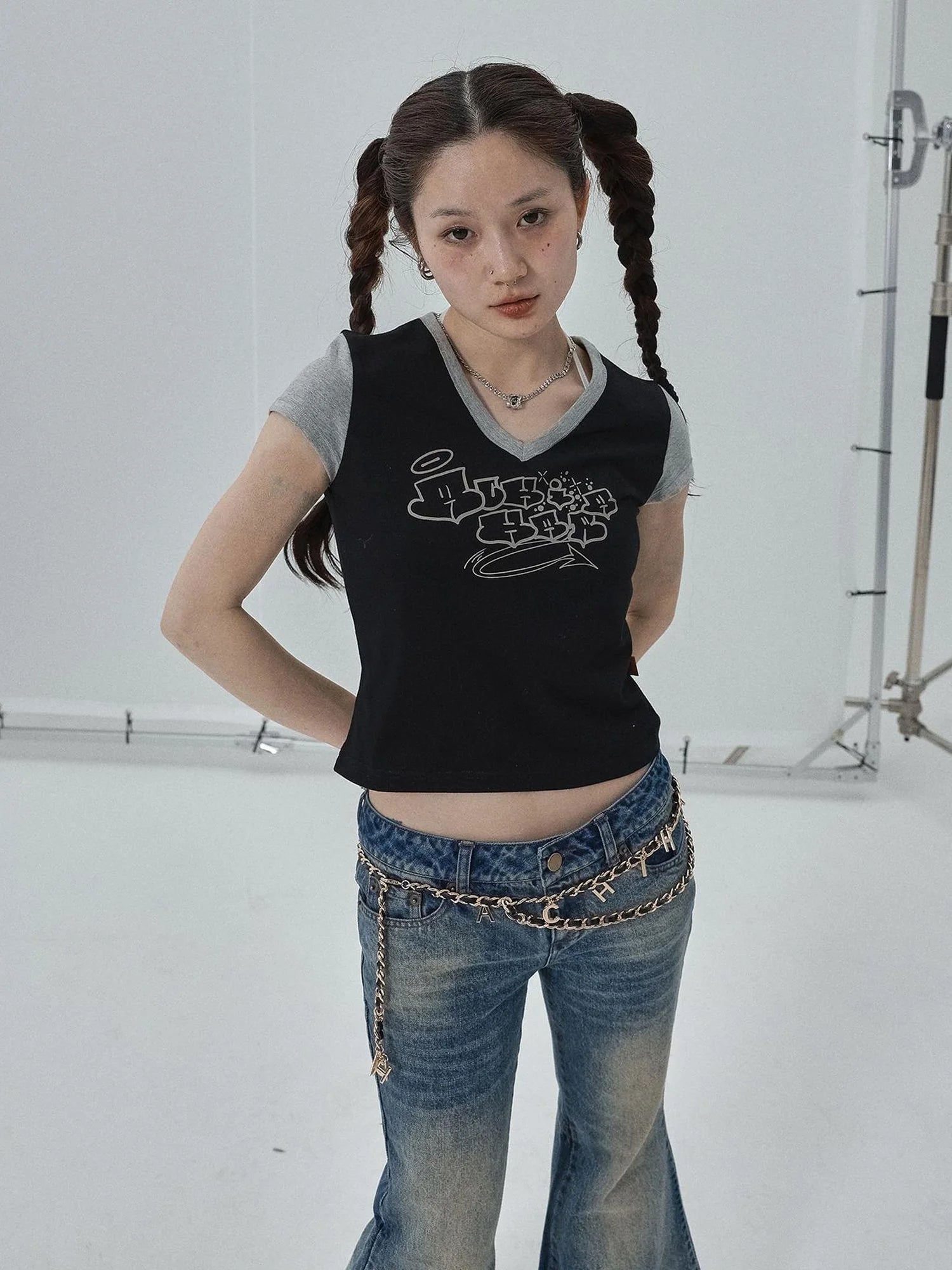 Black Contrast Collar Cropped Tee