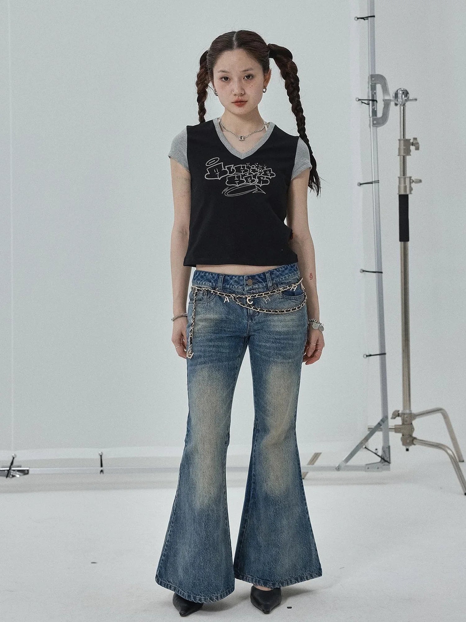 Black Contrast Collar Cropped Tee