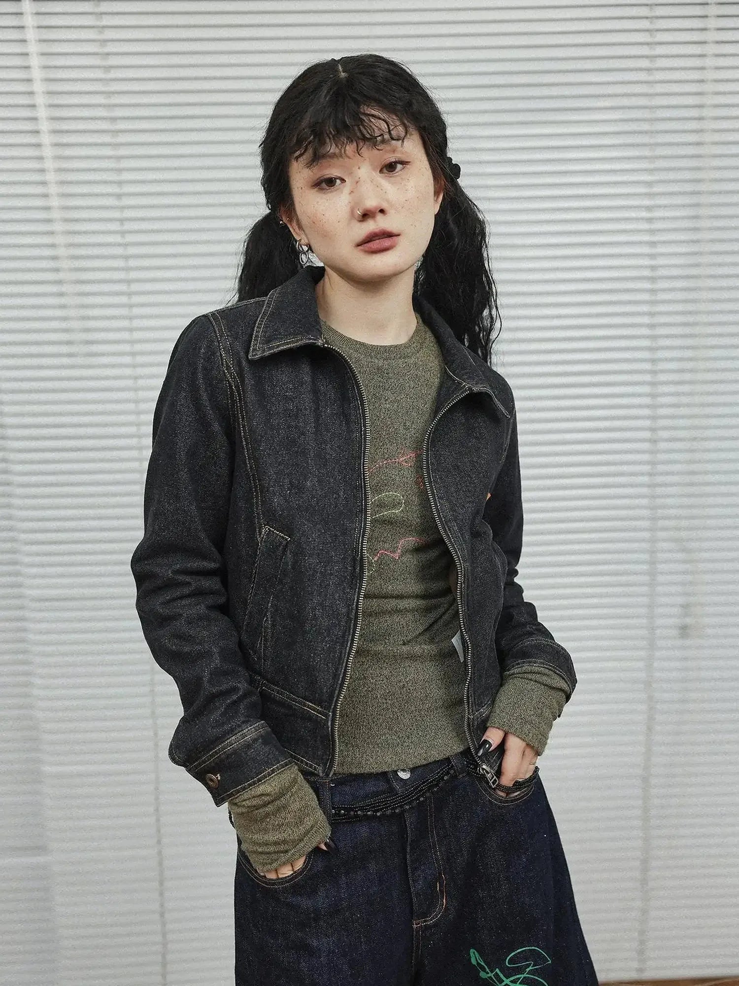 Black Denim Cropped Jacket With Soft Fleece Lining
