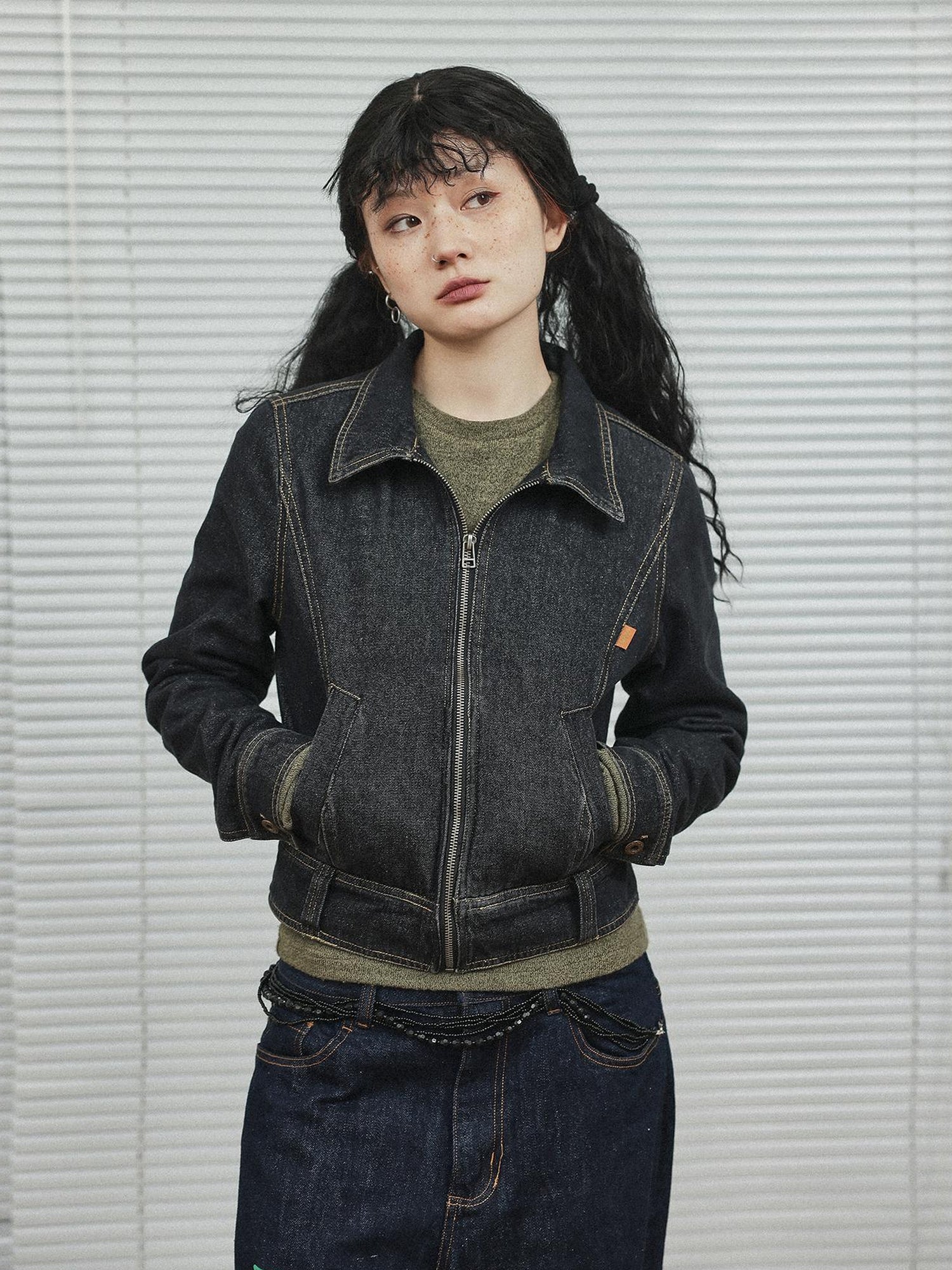 Achihara Black Denim Cropped Jacket With Soft Fleece Lining