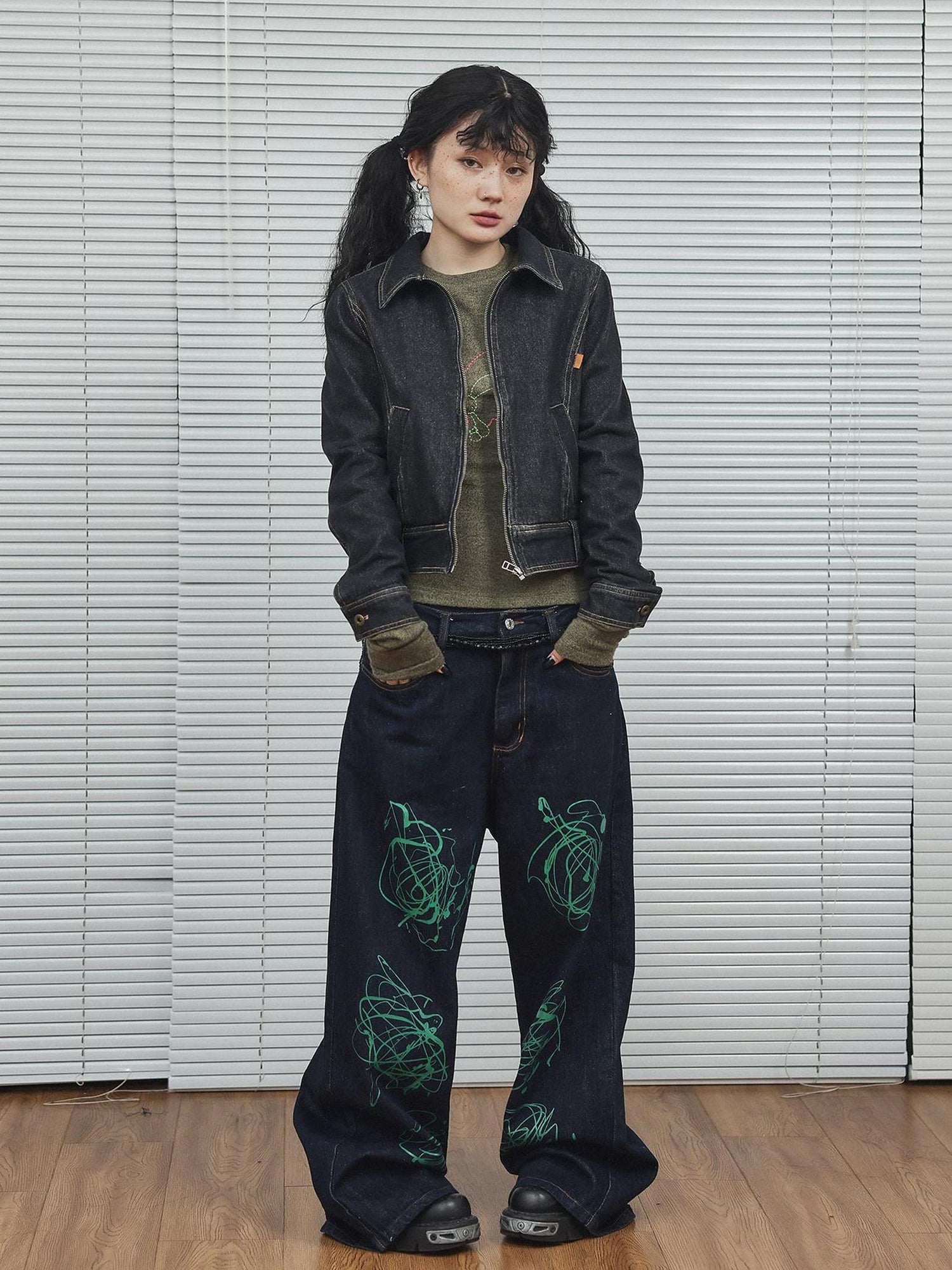 Achihara Black Denim Cropped Jacket With Soft Fleece Lining