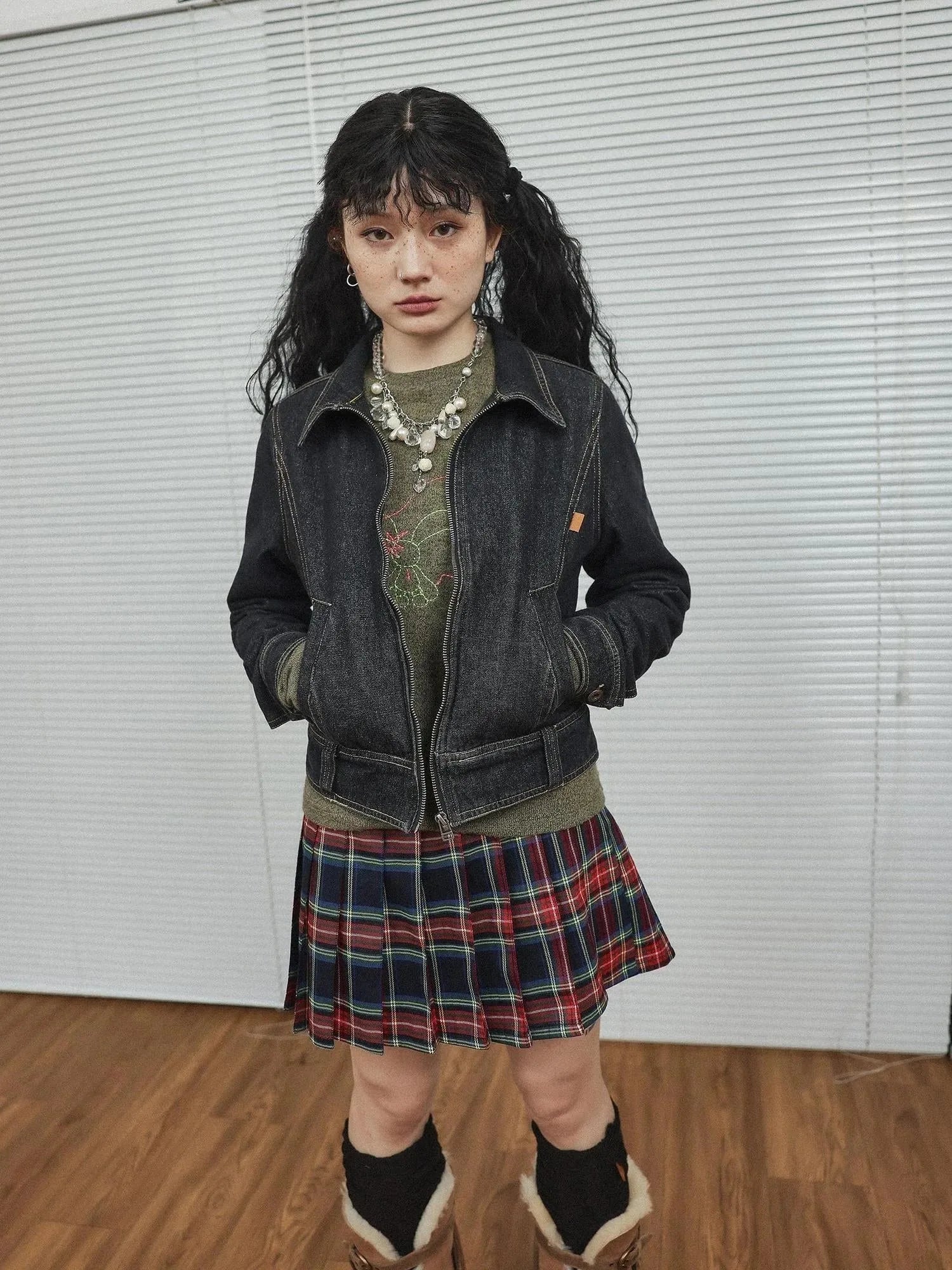 Black Denim Cropped Jacket With Soft Fleece Lining