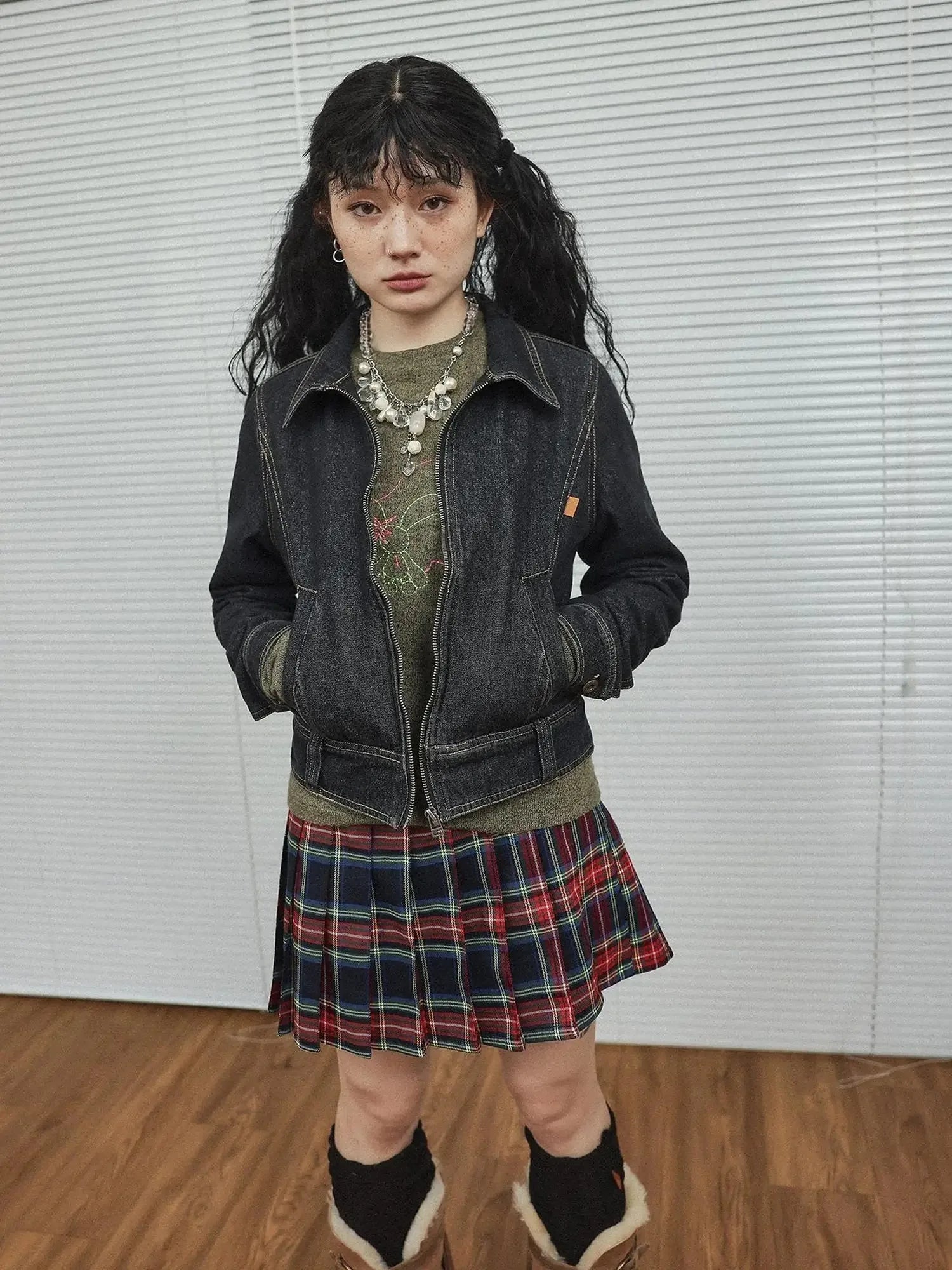 Black Denim Cropped Jacket With Soft Fleece Lining