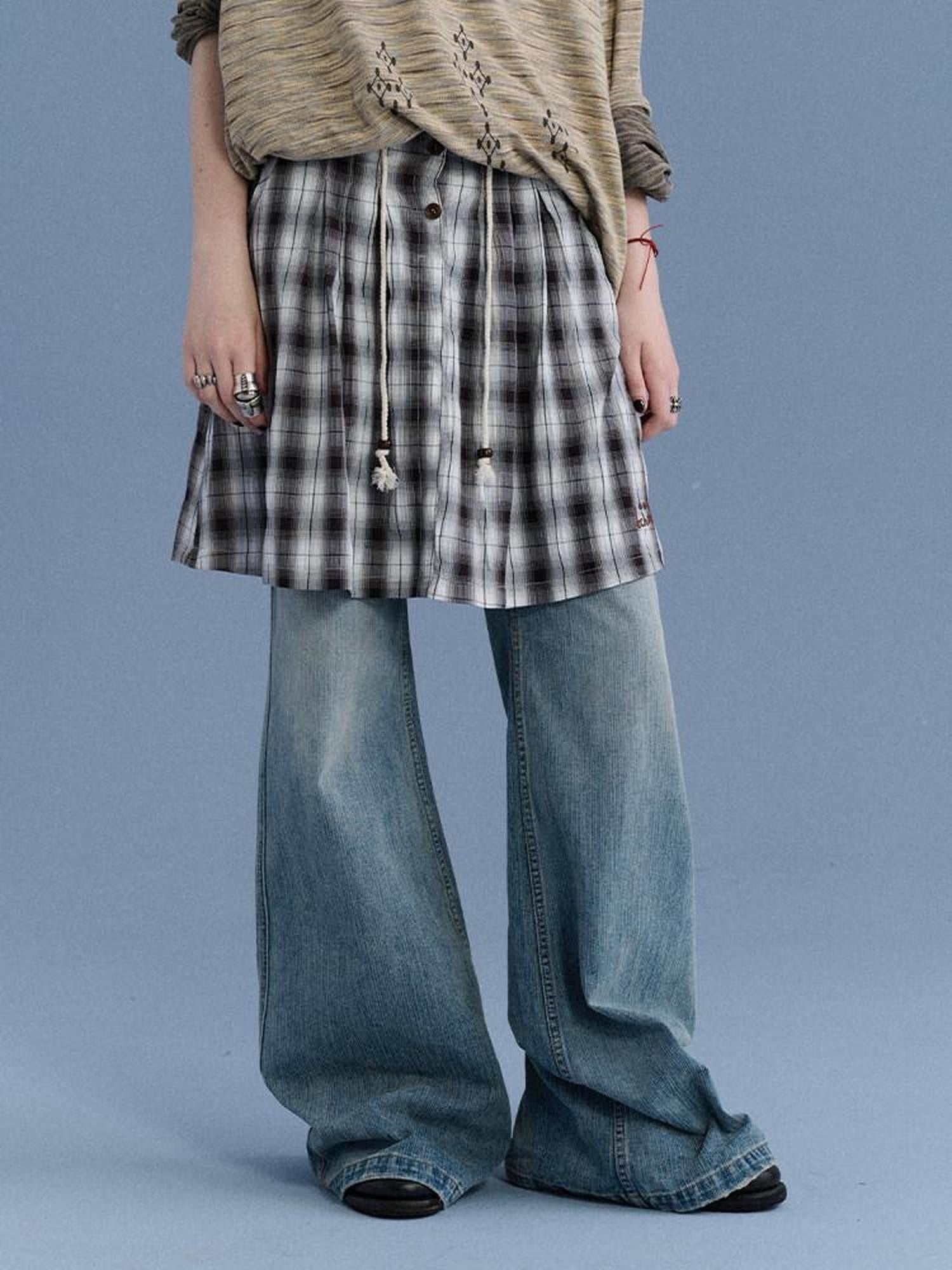 Achihara Black White Check Embroidered A Line Women&