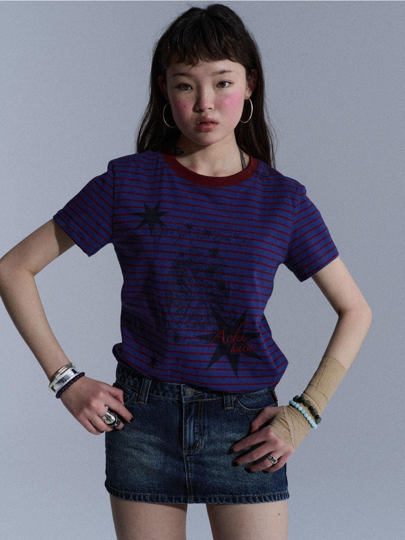 Achihara Blue Red Striped Washed Star Print Crewneck Women&