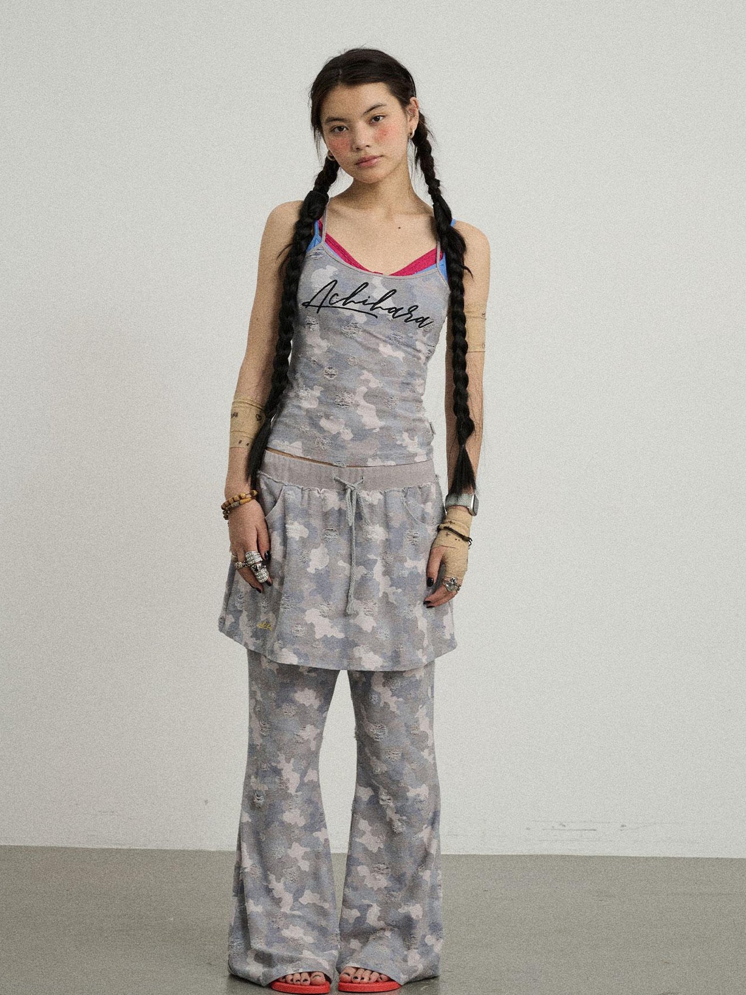 Achihara Blueberry Ice Camouflage Flare Palazzo Pants