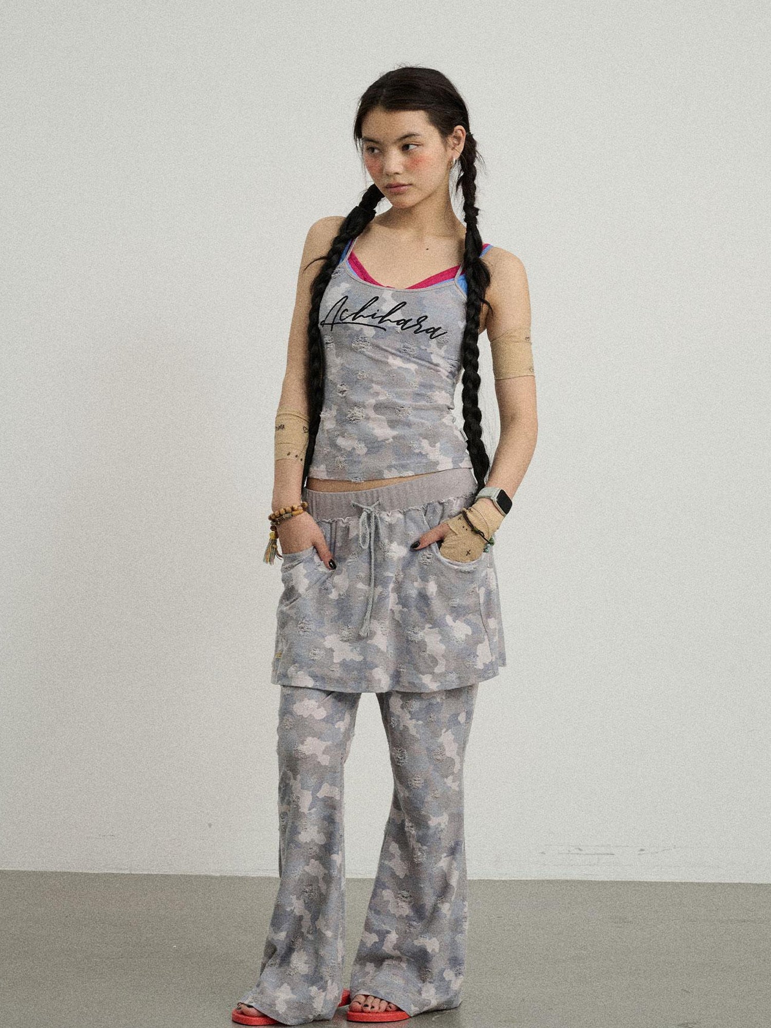 Achihara Blueberry Ice Camouflage Flare Palazzo Pants