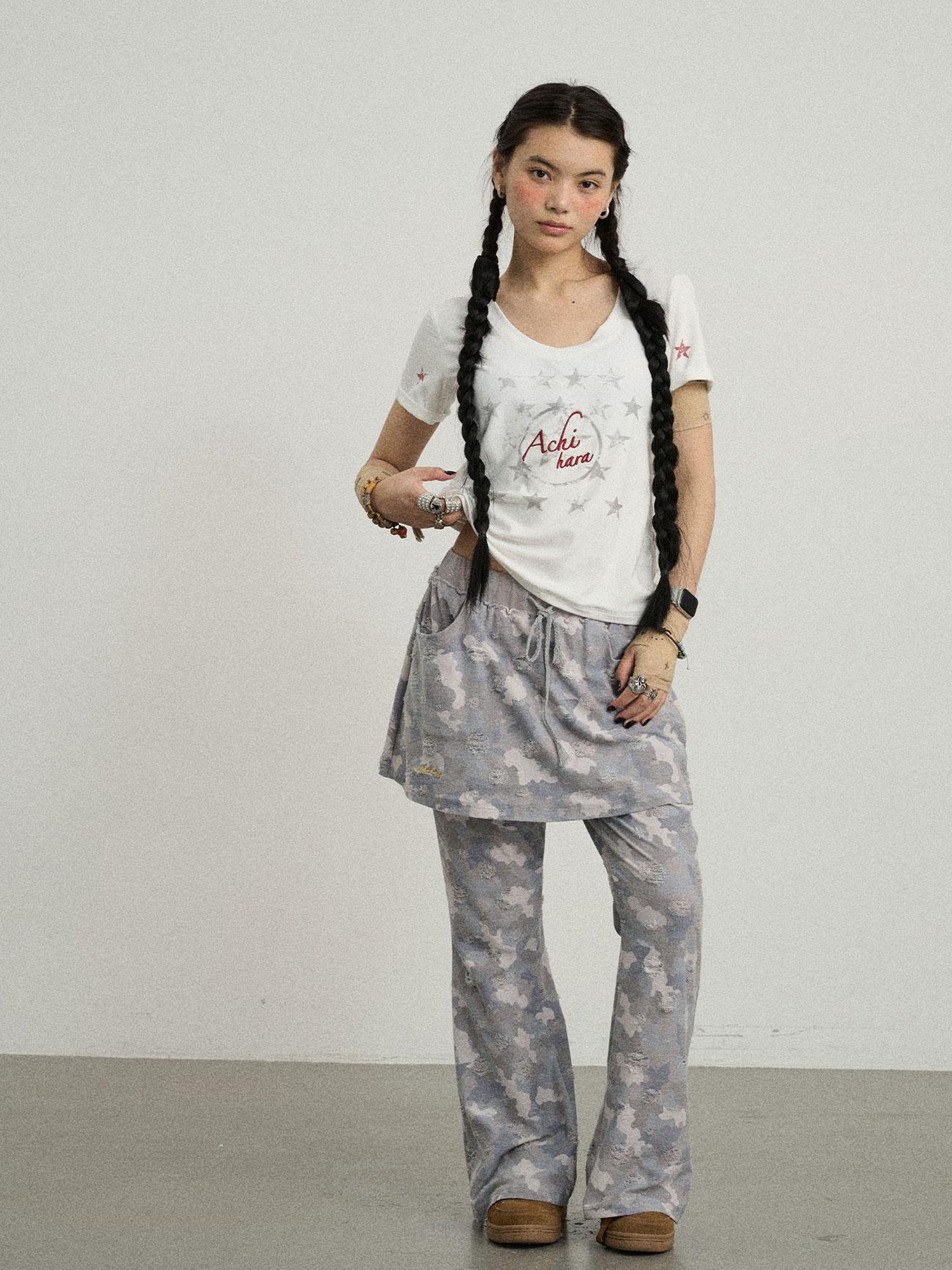 Achihara Blueberry Ice Camouflage Flare Palazzo Pants