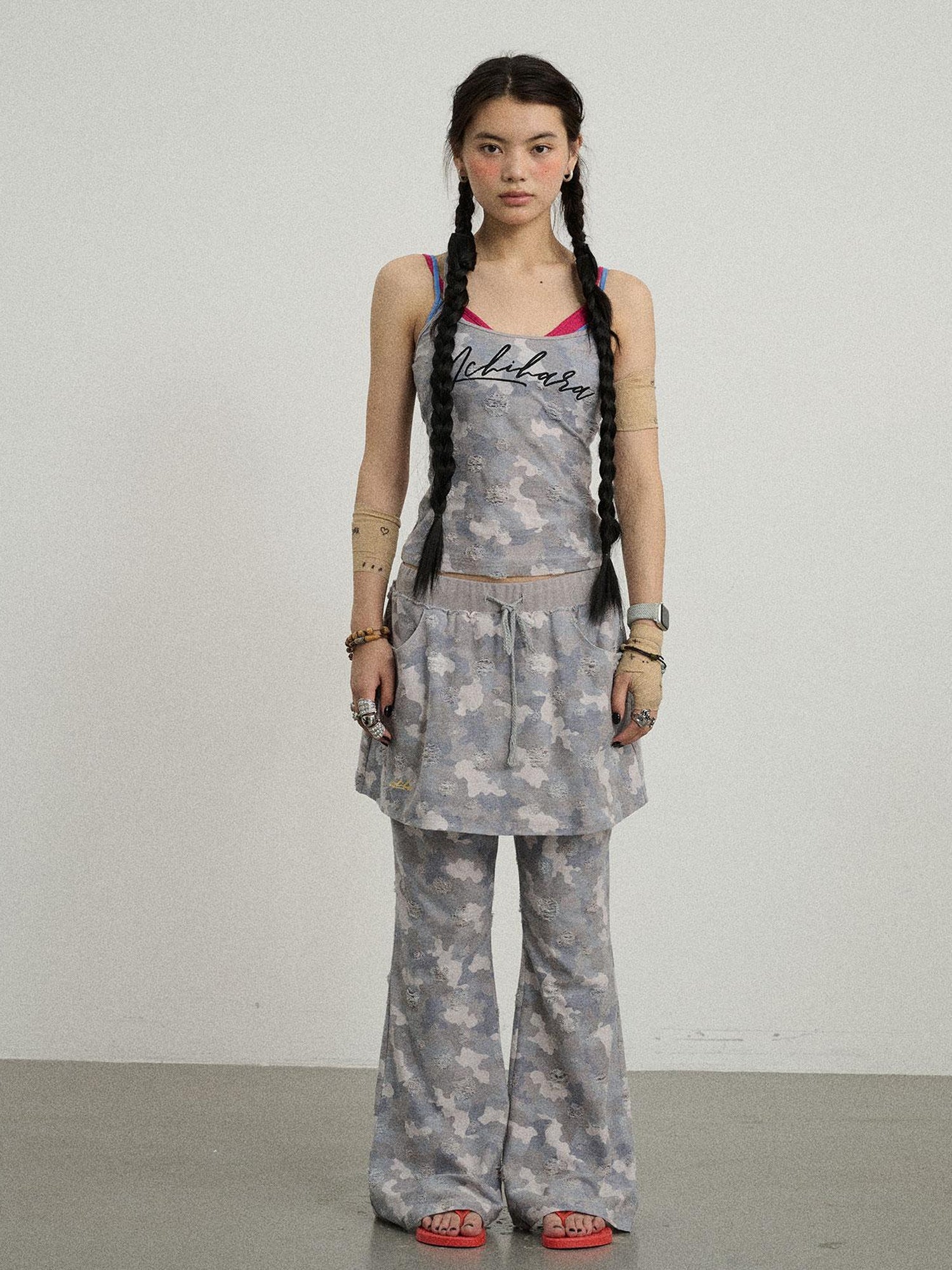 Achihara Blueberry Ice Camouflage Flare Palazzo Pants