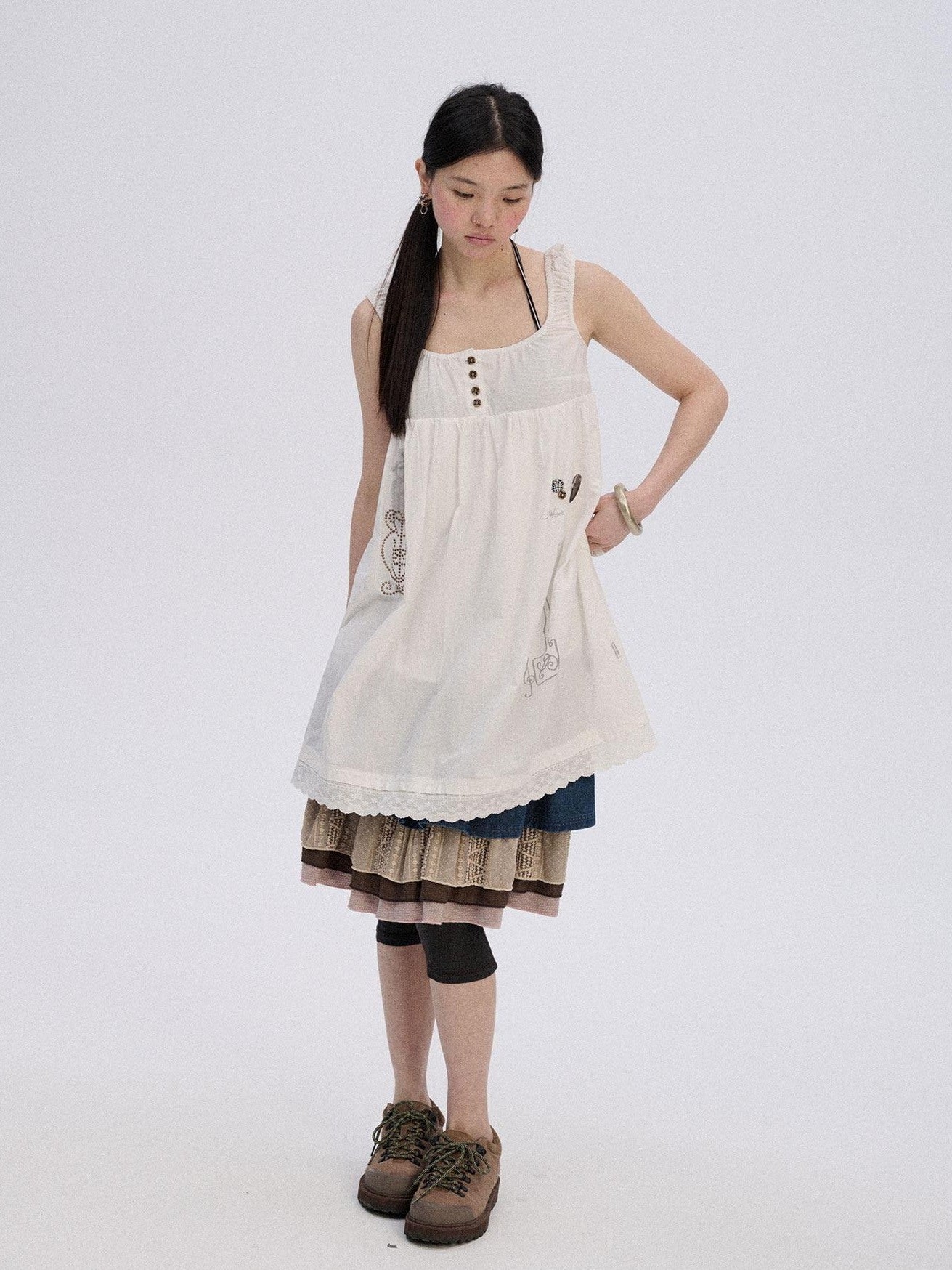 Achihara Breathable Cotton A Line Loose Fit Strappy Women City Commute Slip Midi Dresses